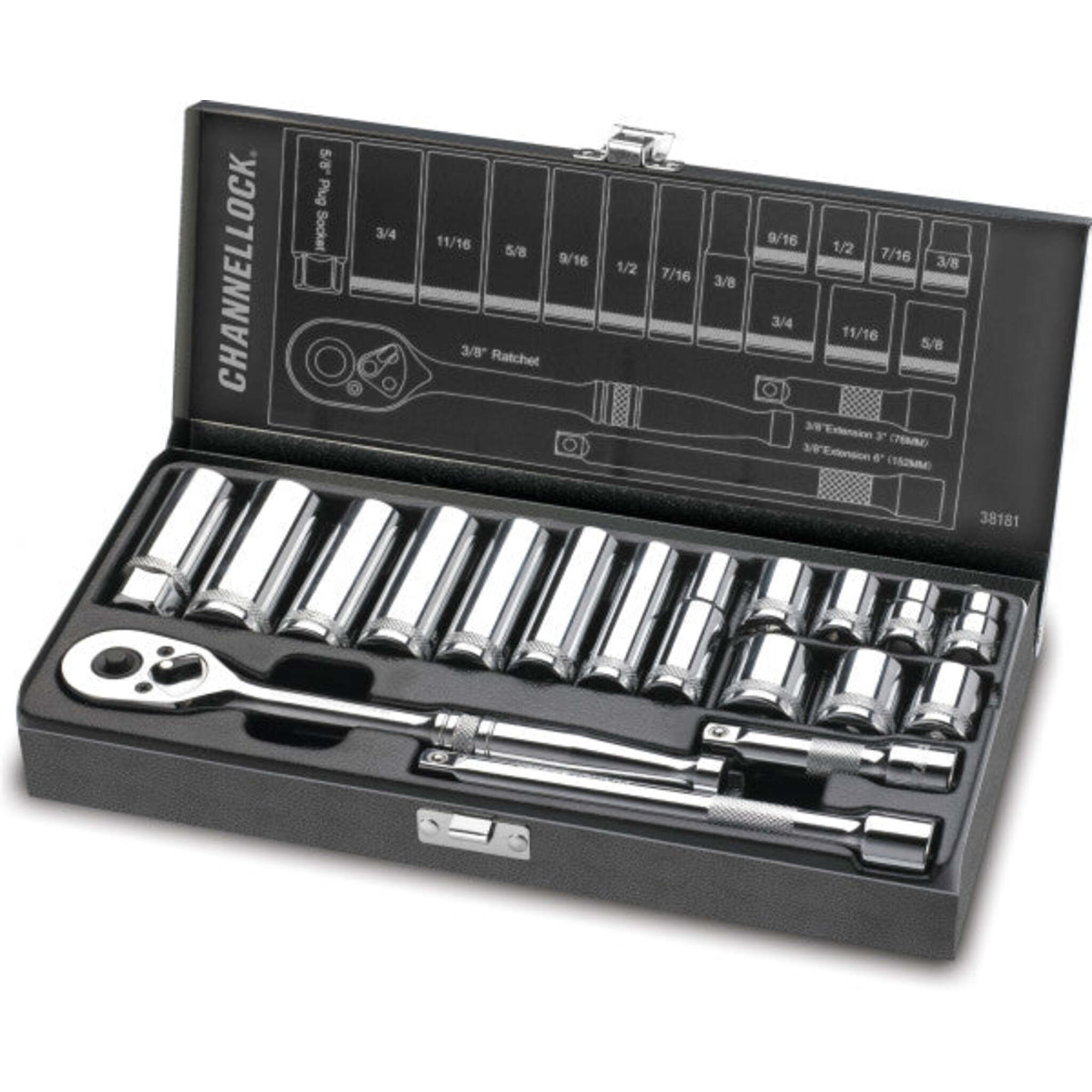 ChannelLock 38181 3/8" SAE Drive Socket Set - DYNA DRIVE Torque System, 6pt Chrome Vanadium Sockets, Spark Plug Socket, Steel Case, Extensions | 18pcs