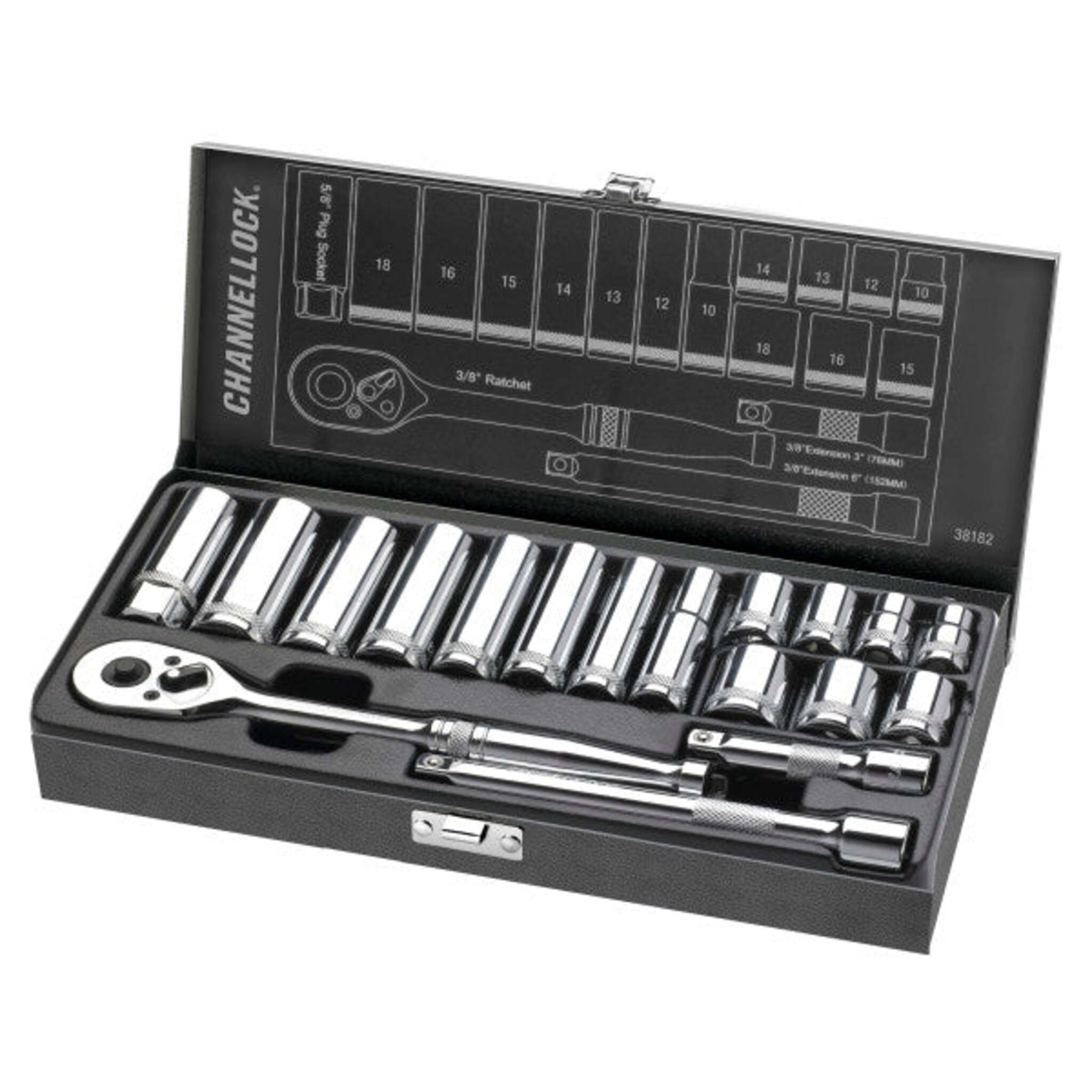 ChannelLock 38182 3/8" Metric Drive Socket Set - DYNA DRIVE Torque System, 6pt Chrome Vanadium Sockets, Spark Plug Socket, Extensions | 18pcs