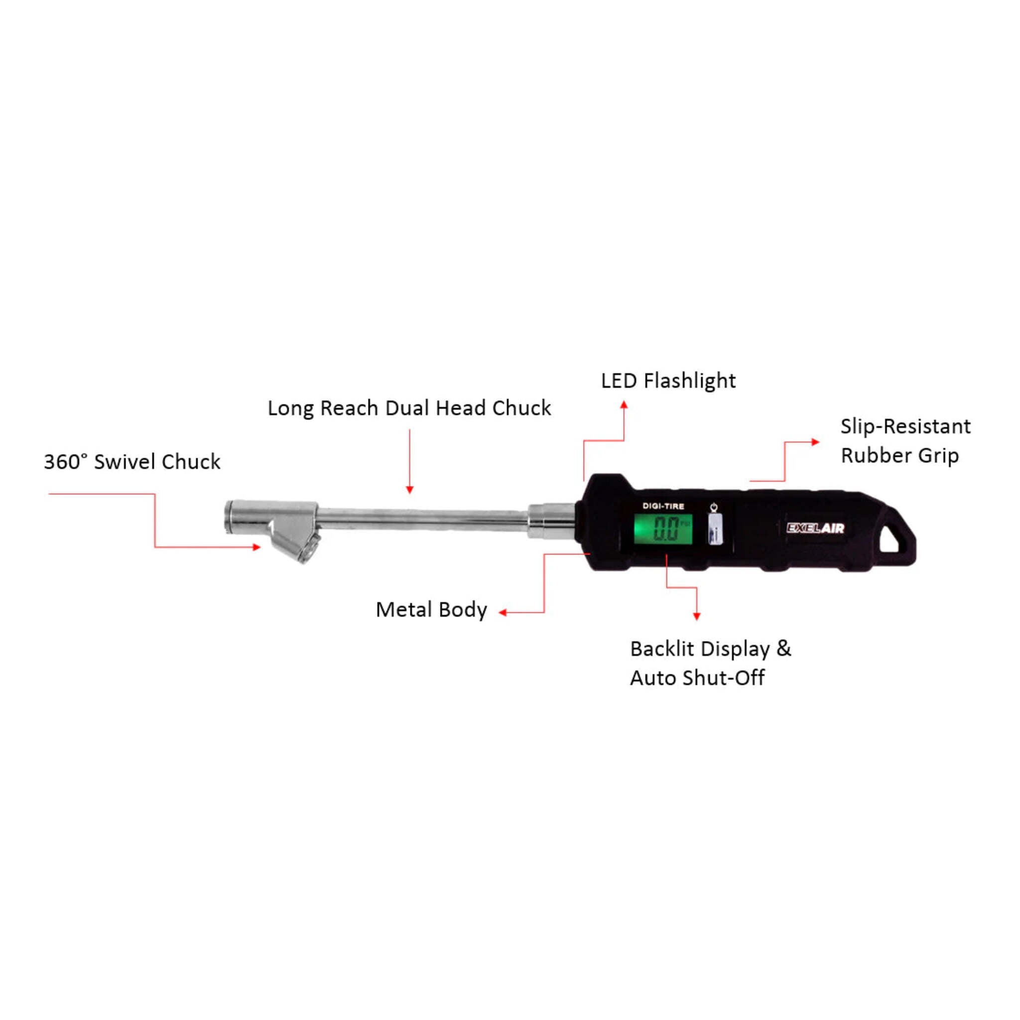 Milton EXELAIR® Digital Tire Pressure Gauge w/ 360 Swivel Dual Head Air Chuck - 5-100 PSI, Accurate, Durable, LED Display, Safety Certified