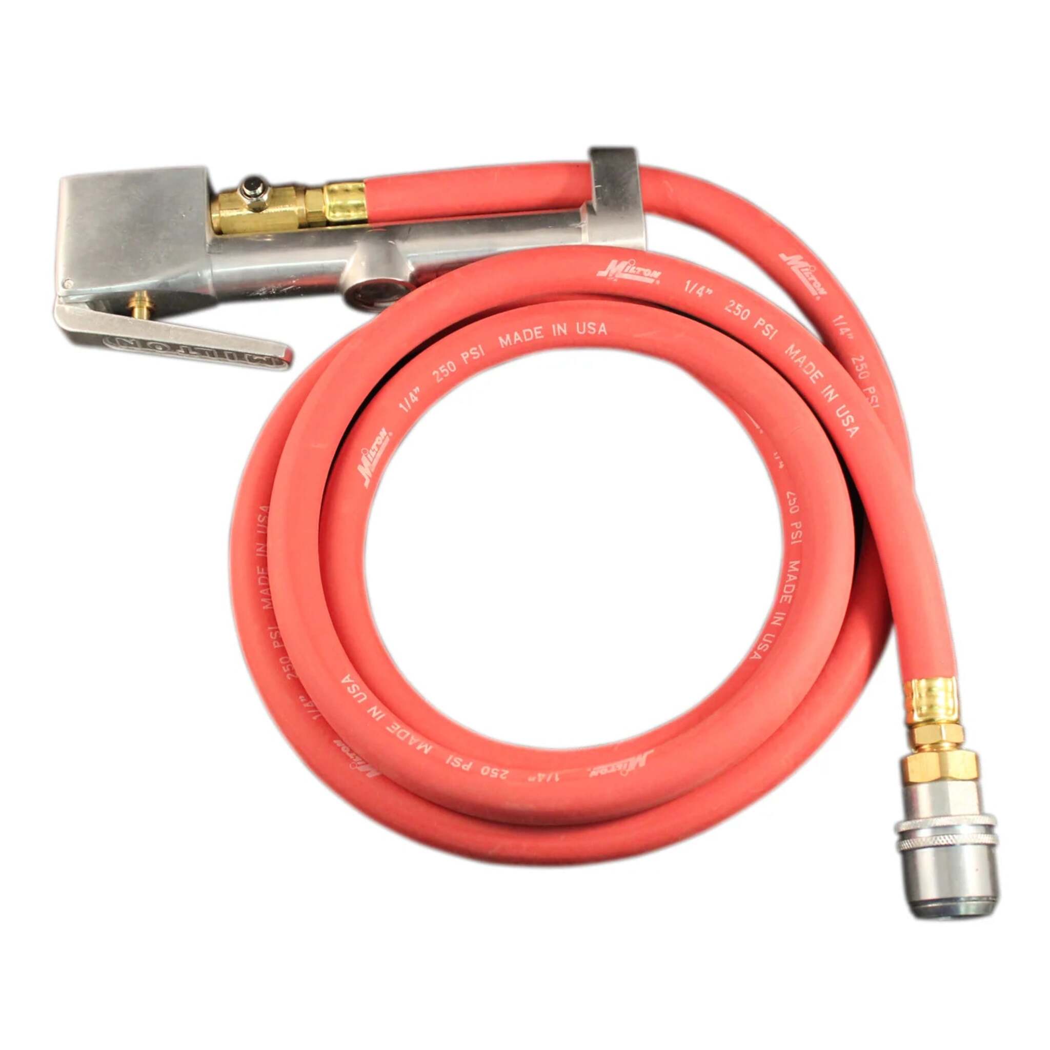 Milton Large Bore Inflator Gauge w/ 6' Hose Assembly, Full Swivel - 1/4" NPT, 10-160 PSI, Kwik Connect, Push Button Deflator, OSHA 1910.177 Certified