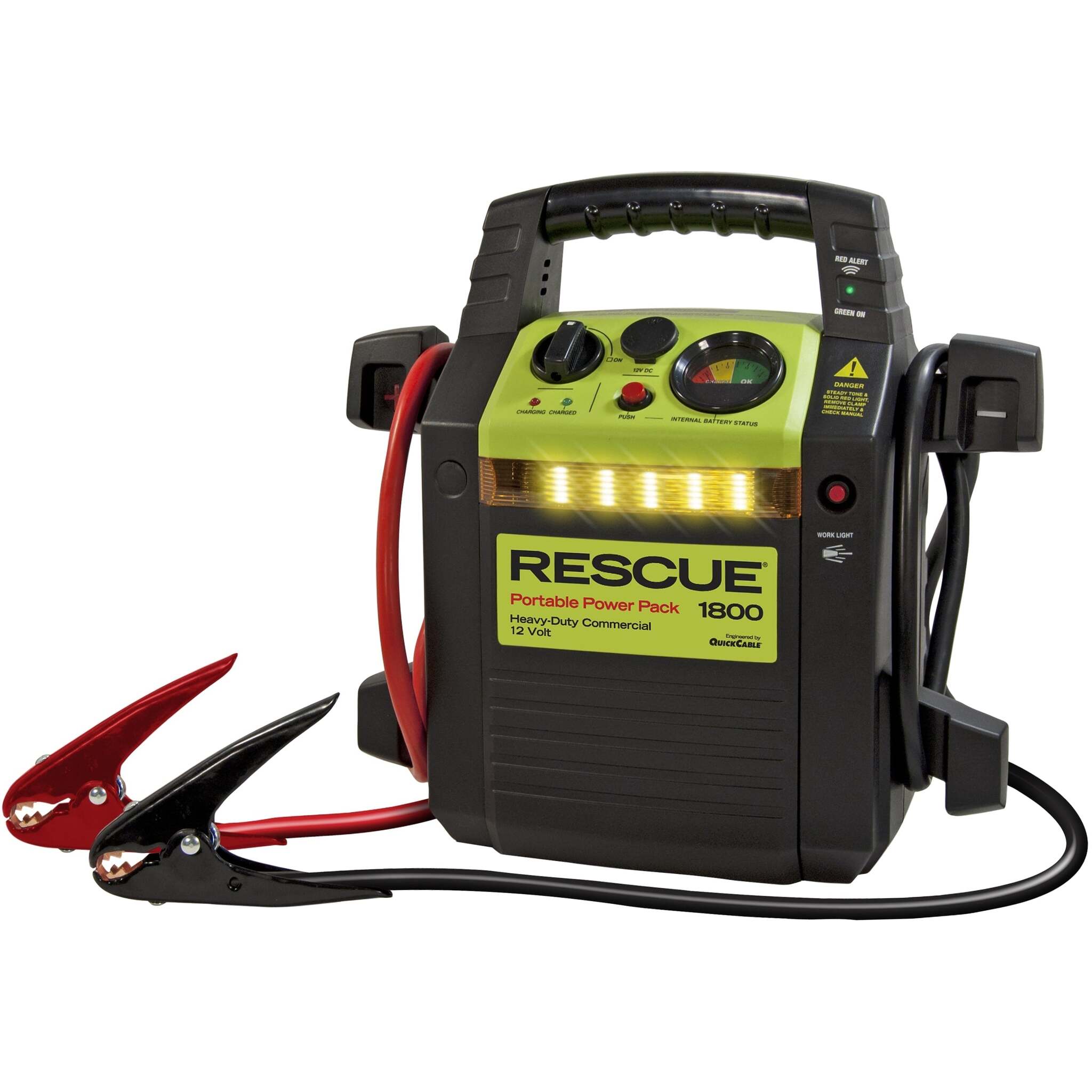 Quick Cable 1800 RESCUE Jump Pack - Dual 20AH AGM Batteries, 700 Cranking/1500 Peak Amps, 2-Gauge 5-Ft Cables, Work Light, 12V Outlet, Polarity Alarm