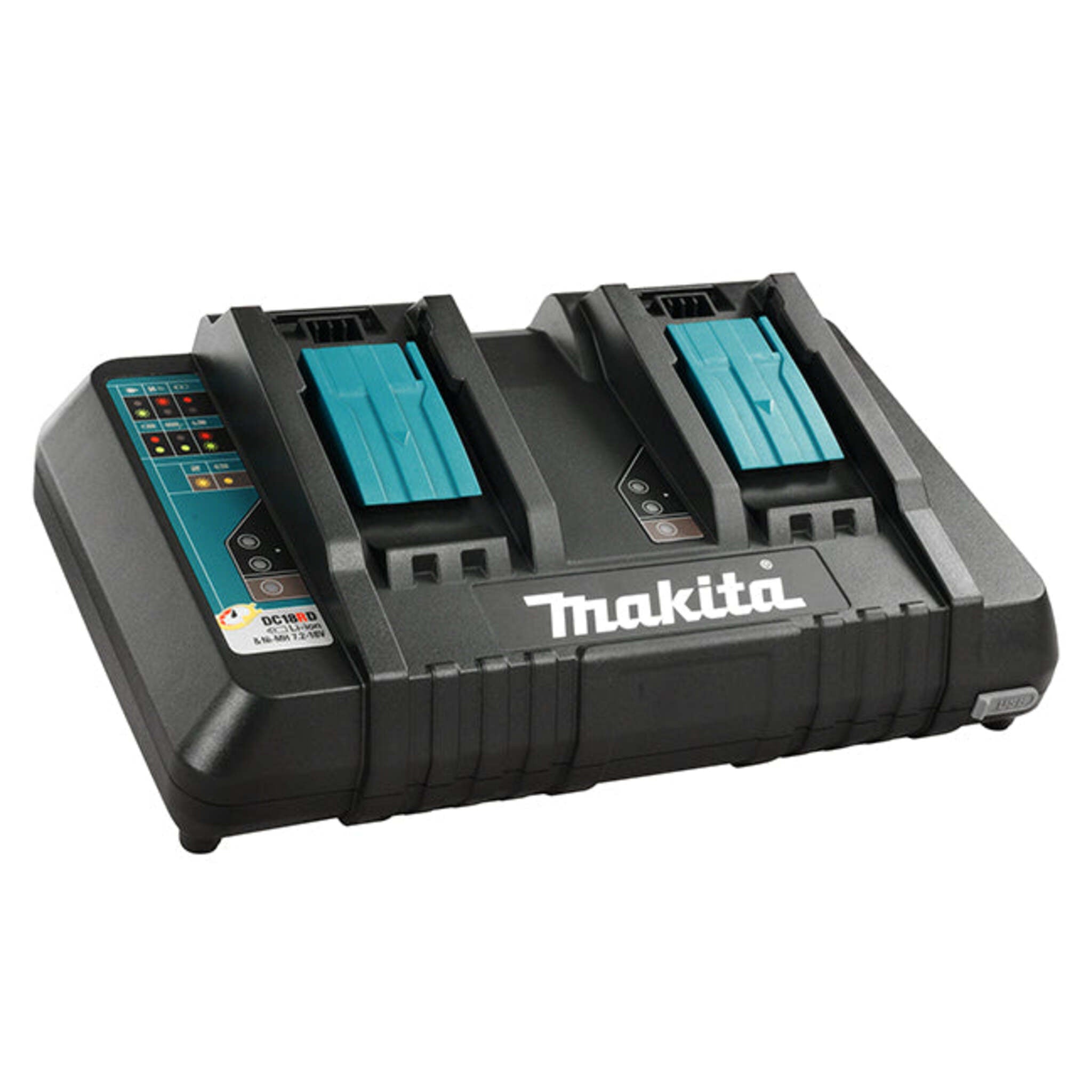 Makita Dual-Port 18V Li-Ion Battery Charger | Fast Charging for BL1815N, BL1830B, BL1840B, BL1850B | USB Port, Cooling Fan, Smart CPU Tech