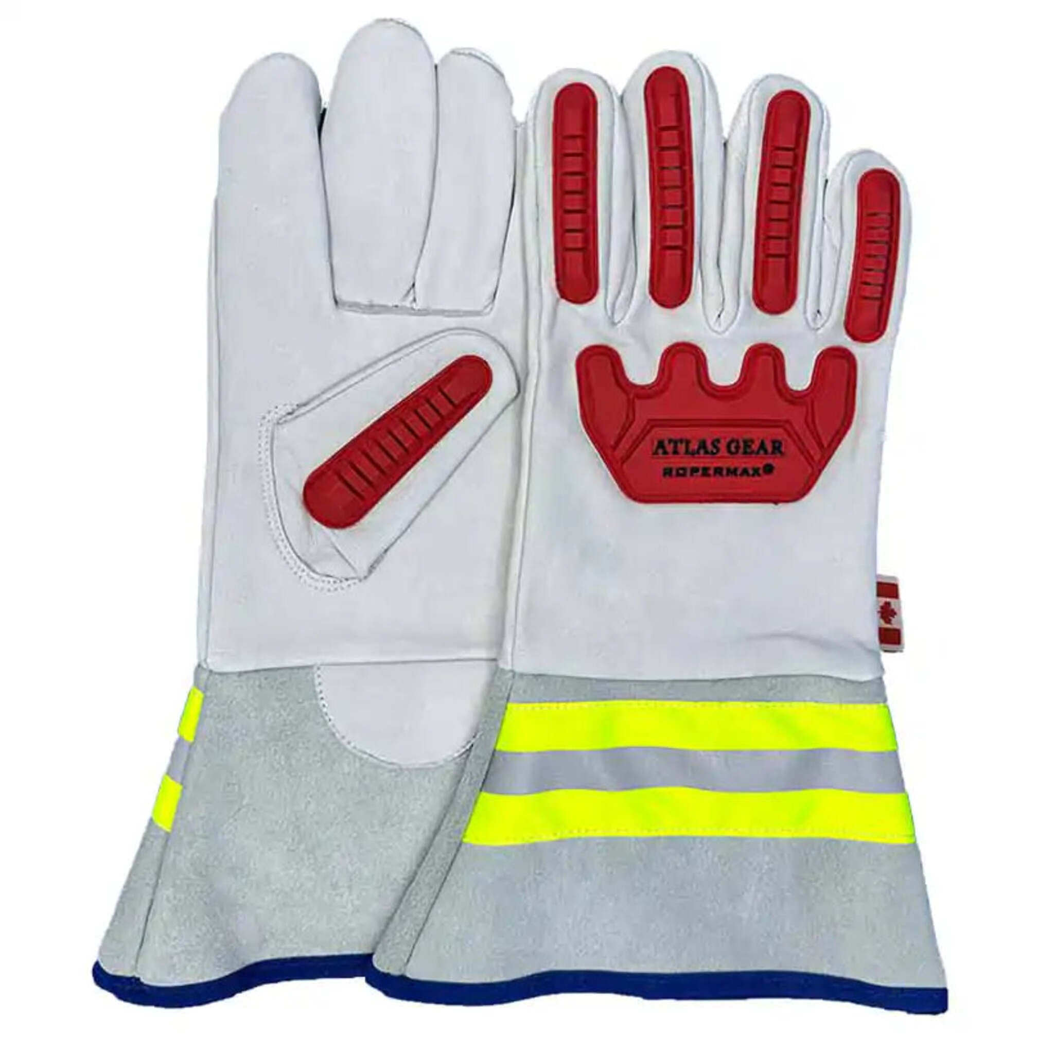 Atlas RoperMax® 804 Hi-Vis Leather Impact Gloves - Full-Grain Goatskin, ANSI Level 2 Impact, Reflective Cuff, Ergonomic TPR, Summer/Winter Liners