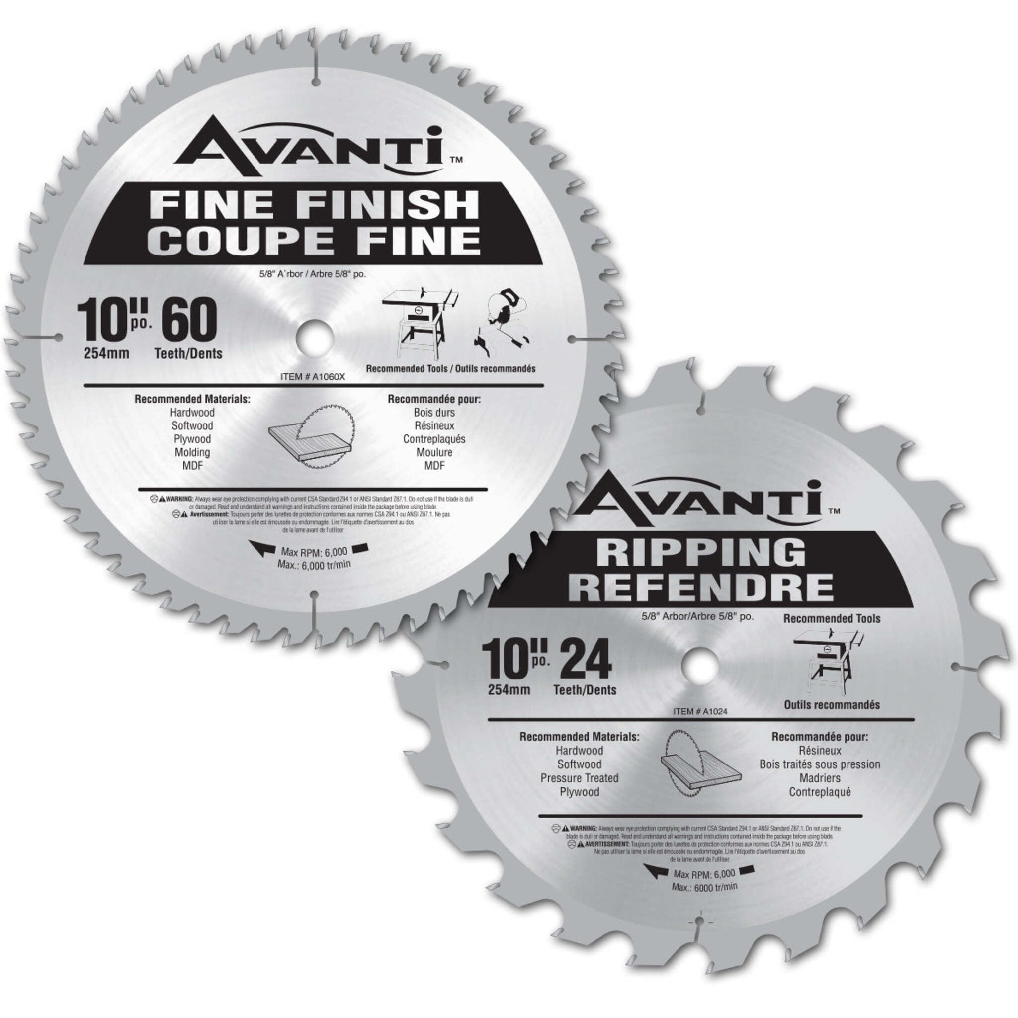 Avanti Pro 10-inch Wood Cutting Blades - 60/24 Tooth Carbide Tipped Fine Finish Set, 2 Pieces, High-Density Carbide for Precision & Durability