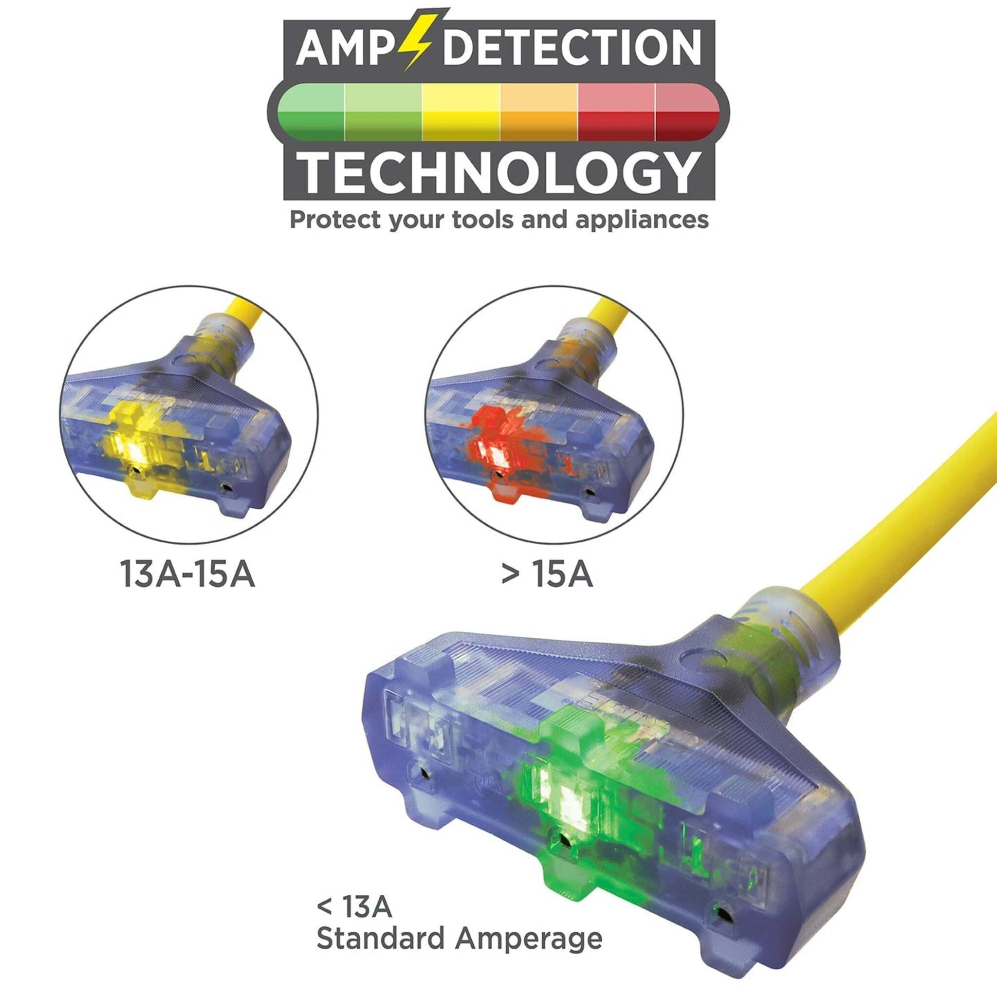 Prime Triple Tap Extension Cord with Amp Detector Technology - 12 Gauge