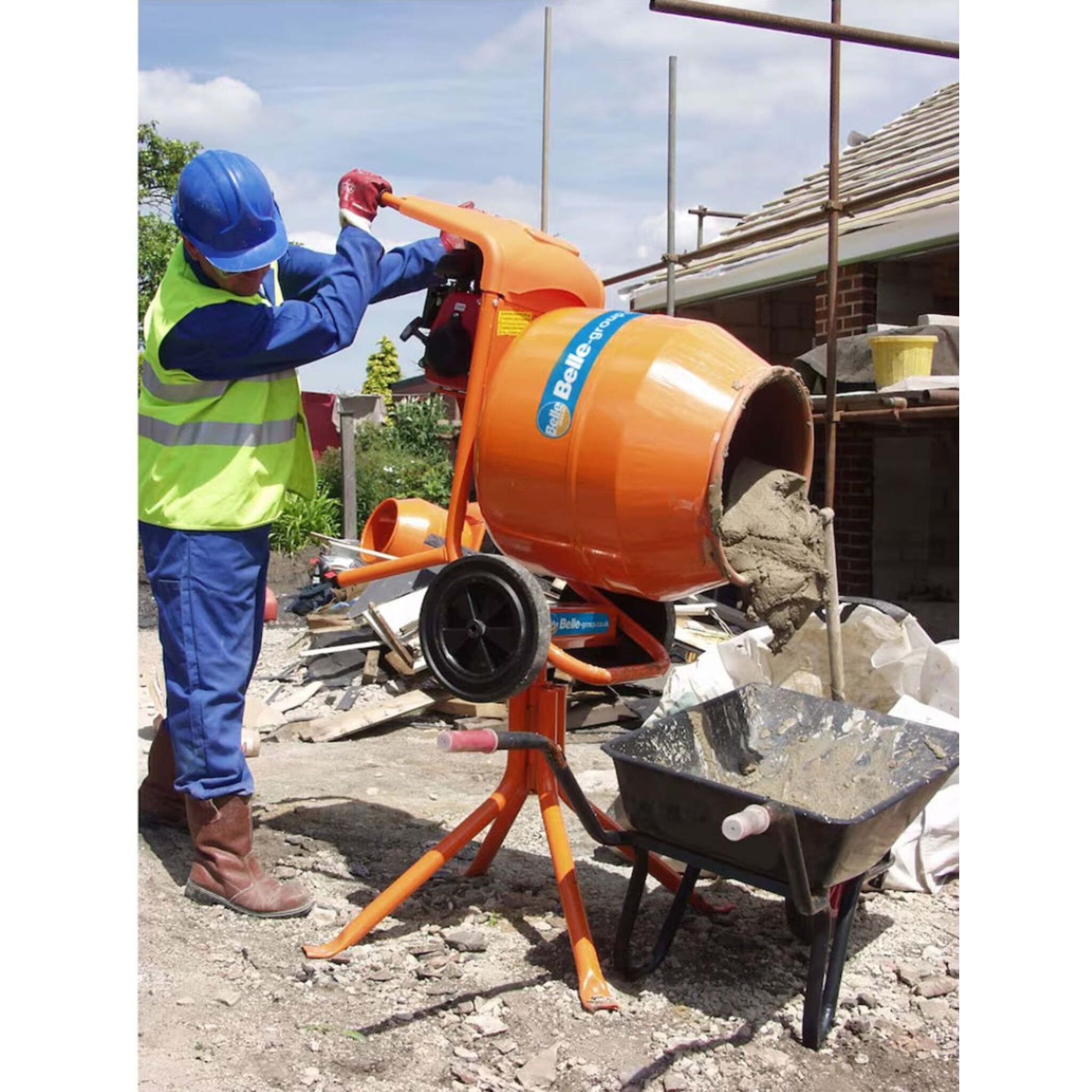 Belle Minimix 150 Honda GXH50 Gas Engine Concrete Mixer - 4.75 cu.ft, 0.75 HP Motor, CSA/UL Approved, Durable, Portable, Includes Pedestal Stand