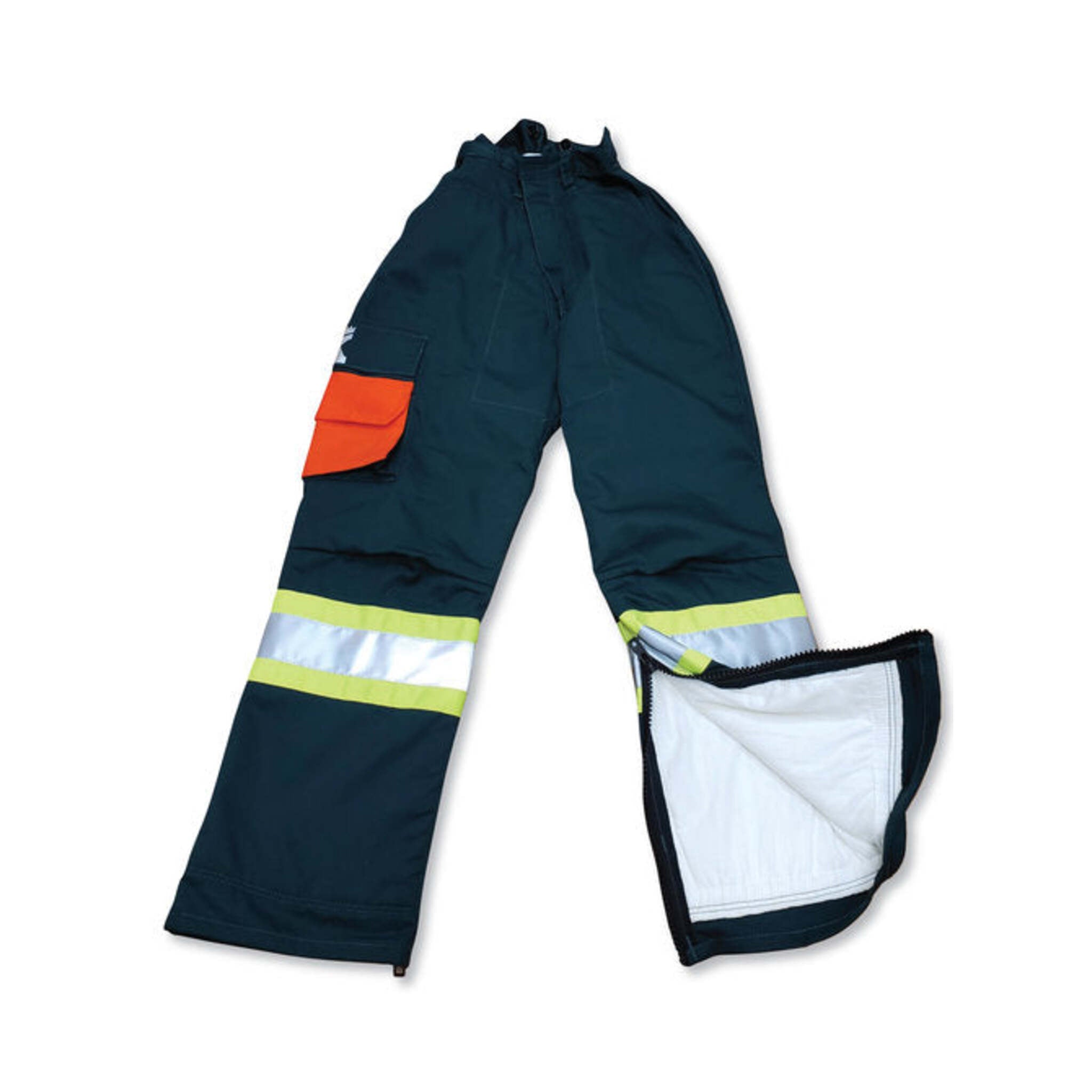 Big K BK902BNQ Forest Green Poly/Cotton Faller Pants - 4” Hi-Vis Tape, Zippered Legs, 6-Ply Avertic Safety Pads, ASTM Certified