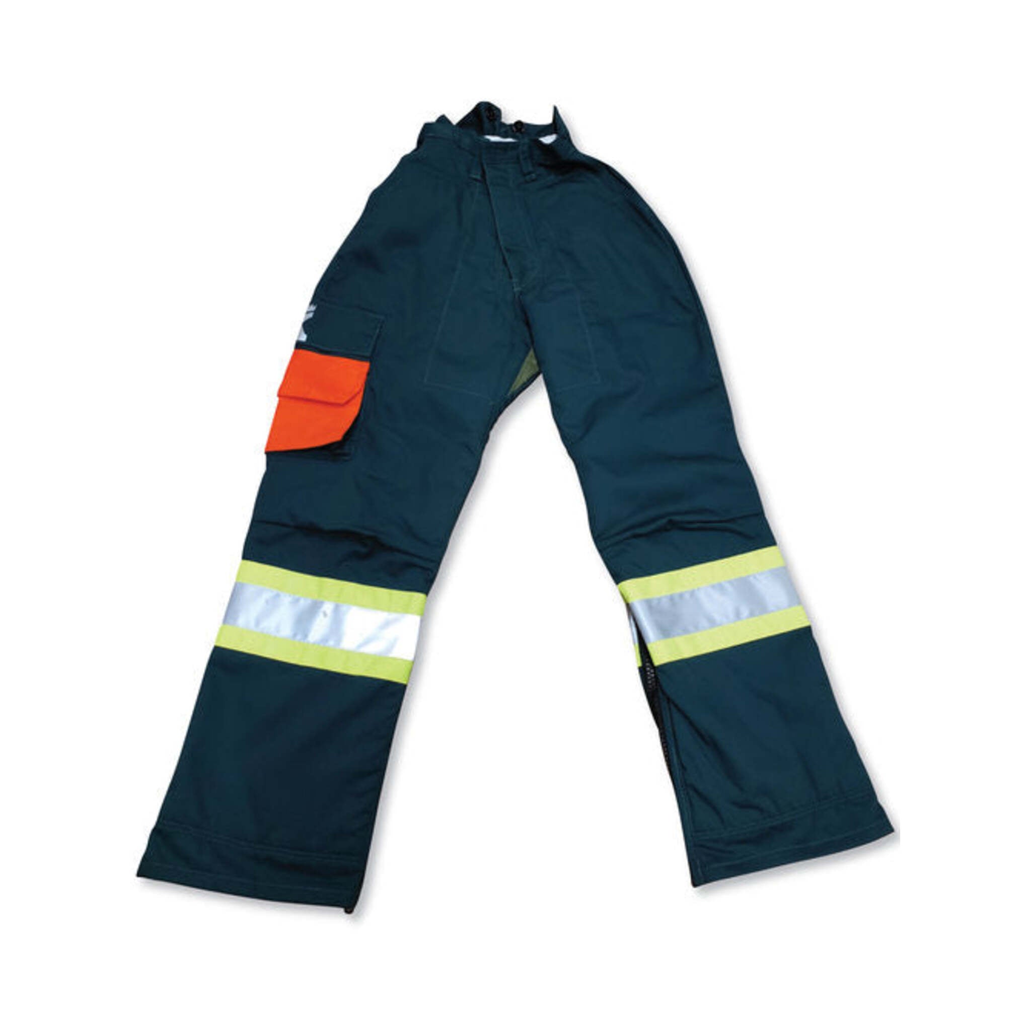 Big K BK902BNQ Forest Green Poly/Cotton Faller Pants - 4” Hi-Vis Tape, Zippered Legs, 6-Ply Avertic Safety Pads, ASTM Certified