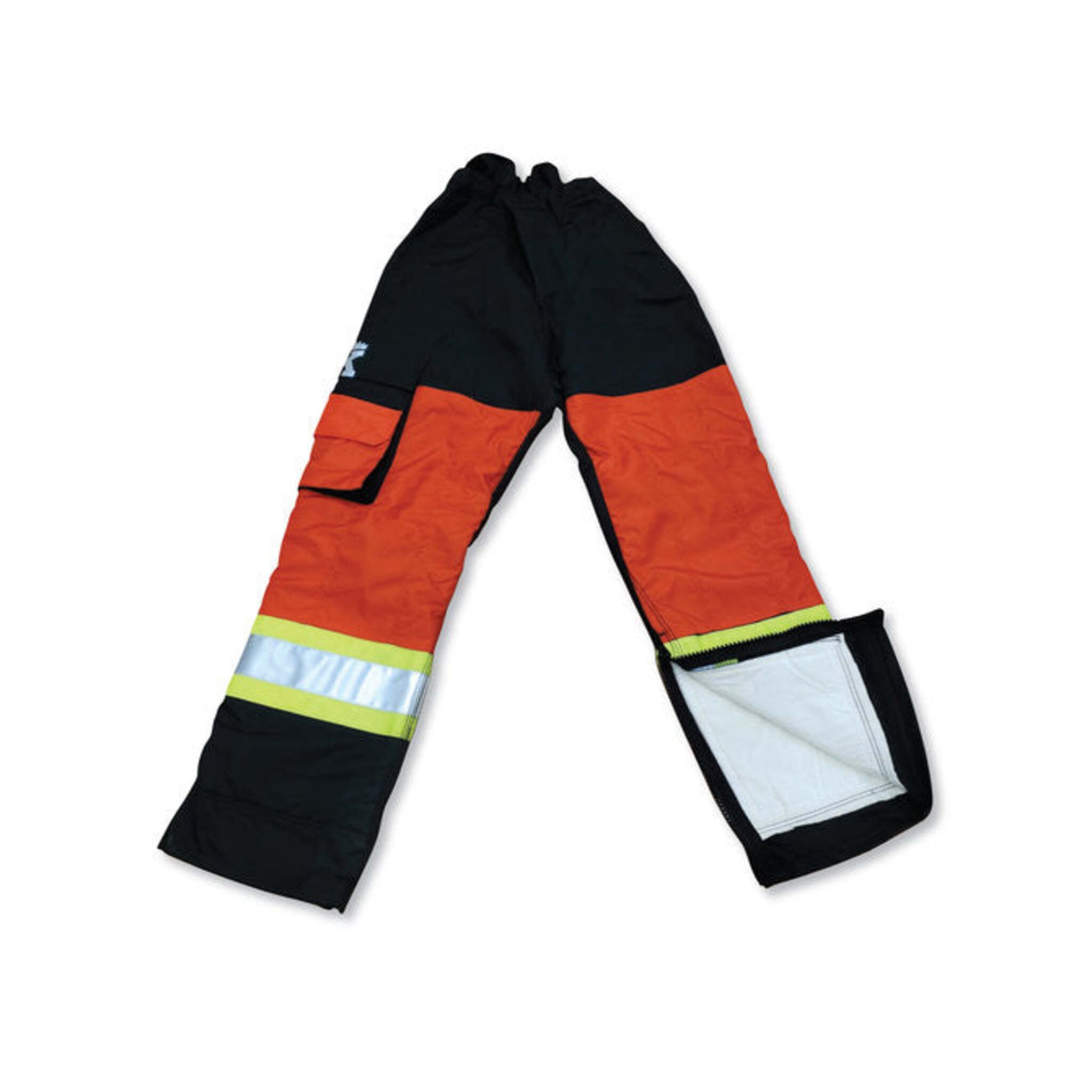 Big K BK907BNQ Black/Orange Poly/Cotton Faller Pants - Knee Reinforcements, 4” Hi-Vis Tape, Zippered Leg, 6-Ply Avertic Safety Pads, ASTM Certified