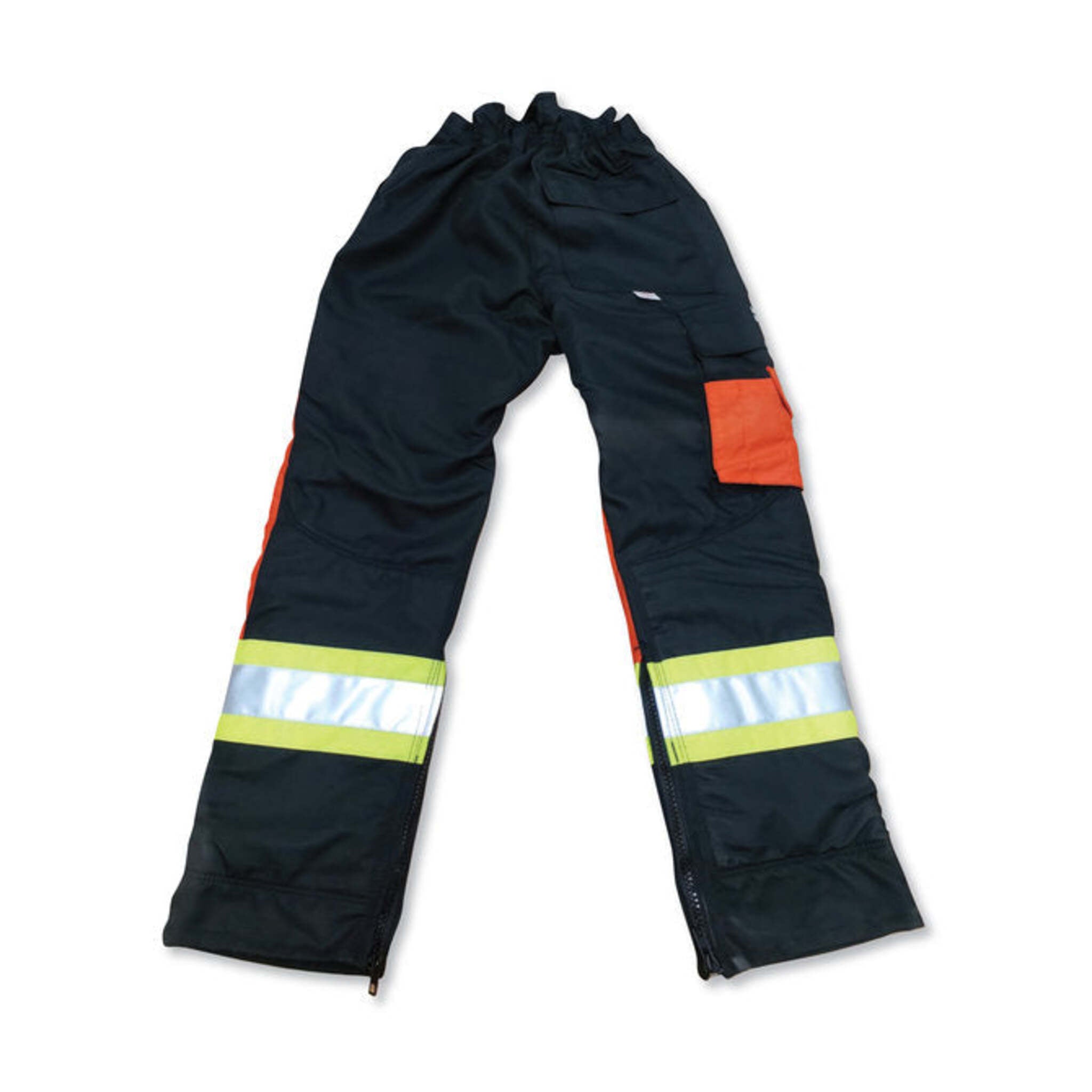 Big K BK907BNQ Black/Orange Poly/Cotton Faller Pants - Knee Reinforcements, 4” Hi-Vis Tape, Zippered Leg, 6-Ply Avertic Safety Pads, ASTM Certified