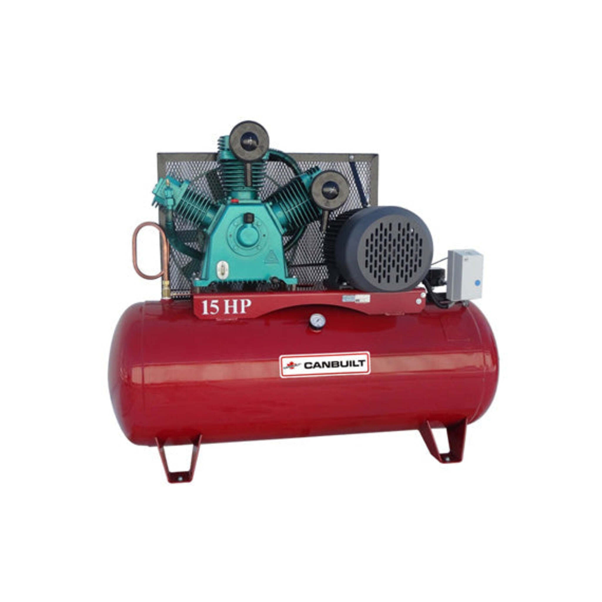 Canbuilt 15 HP Horizontal Air Compressor: 49.2 CFM at 150 PSI, Low RPM, 120 Gallon Tank, Industrial 3-Cyl Pump, Magnetic Starter, 575V 3-Phase