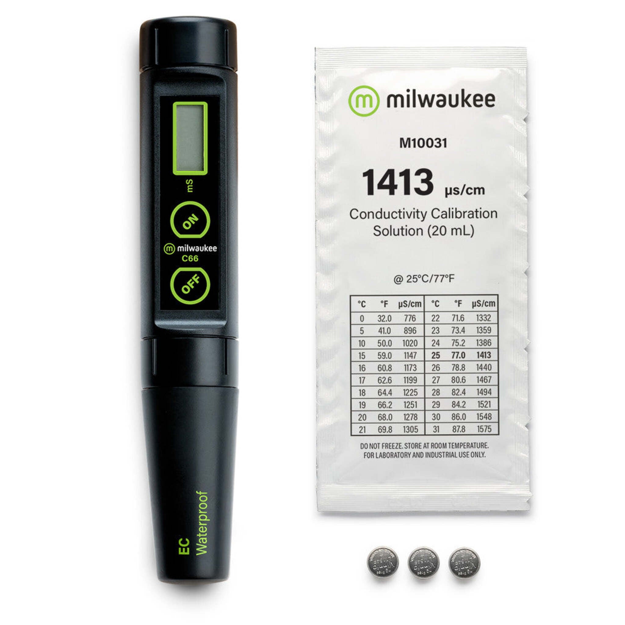 Milwaukee C65 and C66 Waterproof Conductivity Pens with ATC, Replaceable Electrode, Measures Conductivity and Temperature, Low and High Range