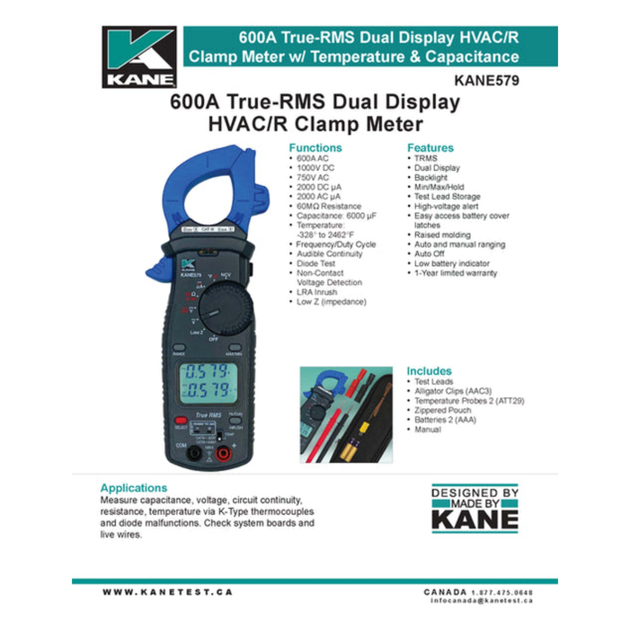 KANE579 600A True-RMS HVAC/R Clamp Meter | Temperature Input, Capacitance, Auto/Manual Ranging, Min/Max Recording, Backlit for Low-Light Use