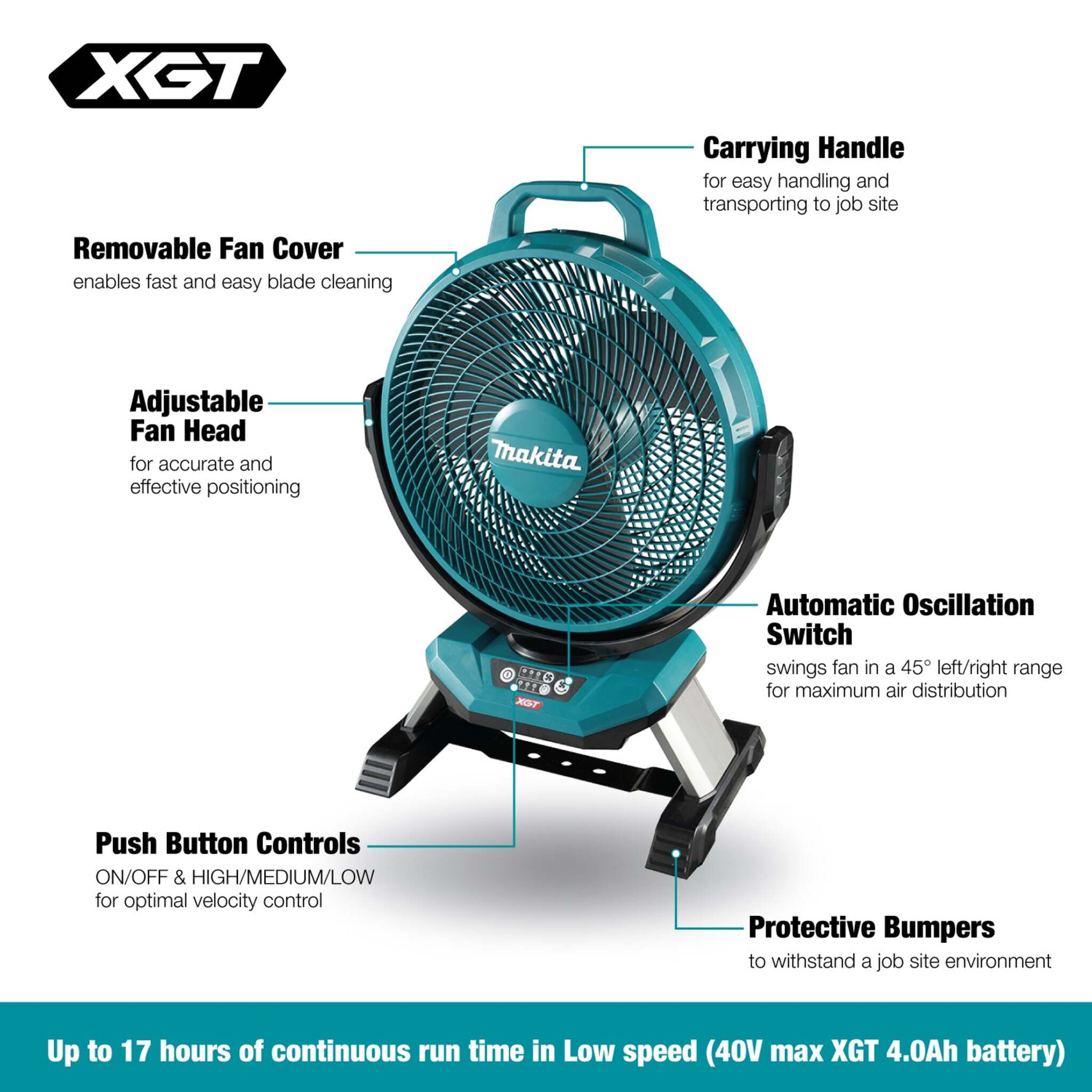 Makita 40V max XGT 13" Jobsite Fan CF002GZ - Powerful Airflow, Quiet Operation, Adjustable, Long Runtime, Portable Design, Multi-Speed, Durable Build