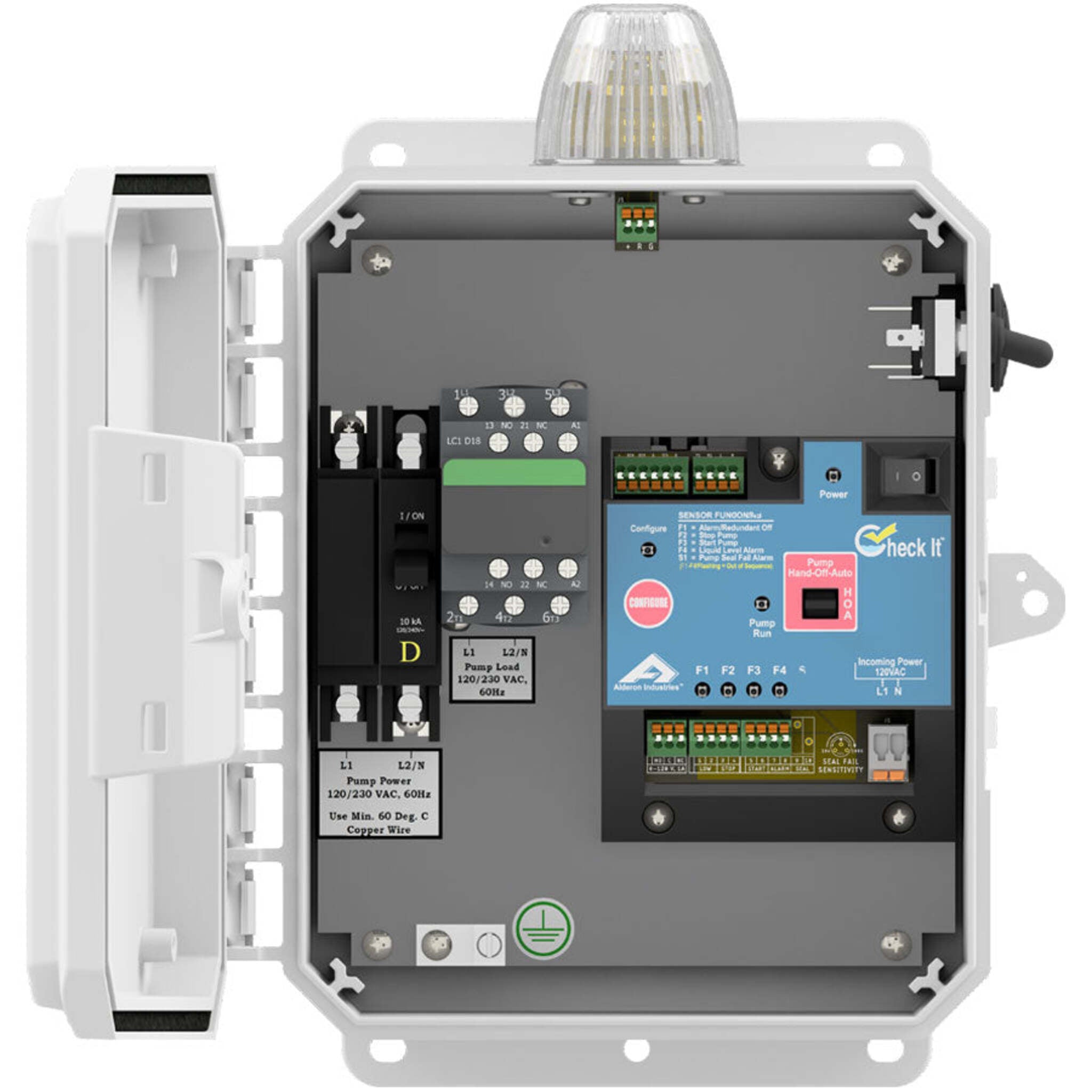 Alderon Check It™ Single Phase Simplex Pump Control Panel with Lightning and Surge Protection - Includes 3 Floats