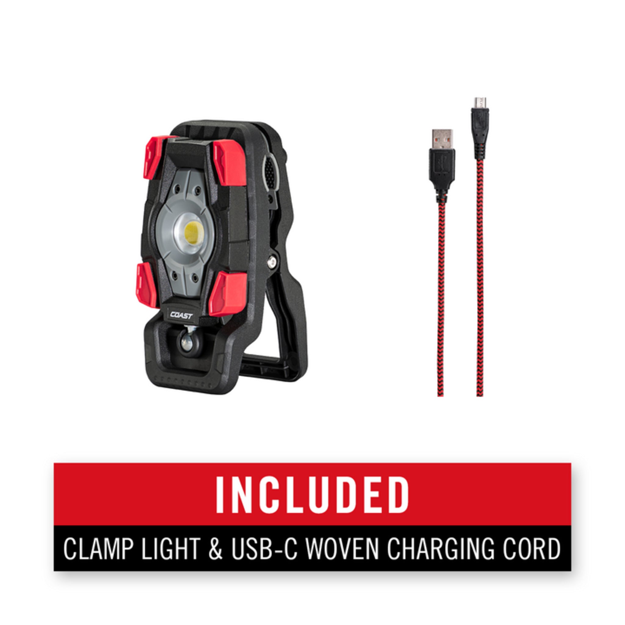 Coast® CL20R Rechargeable Clamp Work Light - 1750 Lumens, 60M Beam Distance, 360° Rotation, 115° Tilt, Dual Power, USB-C, Power Bank Function