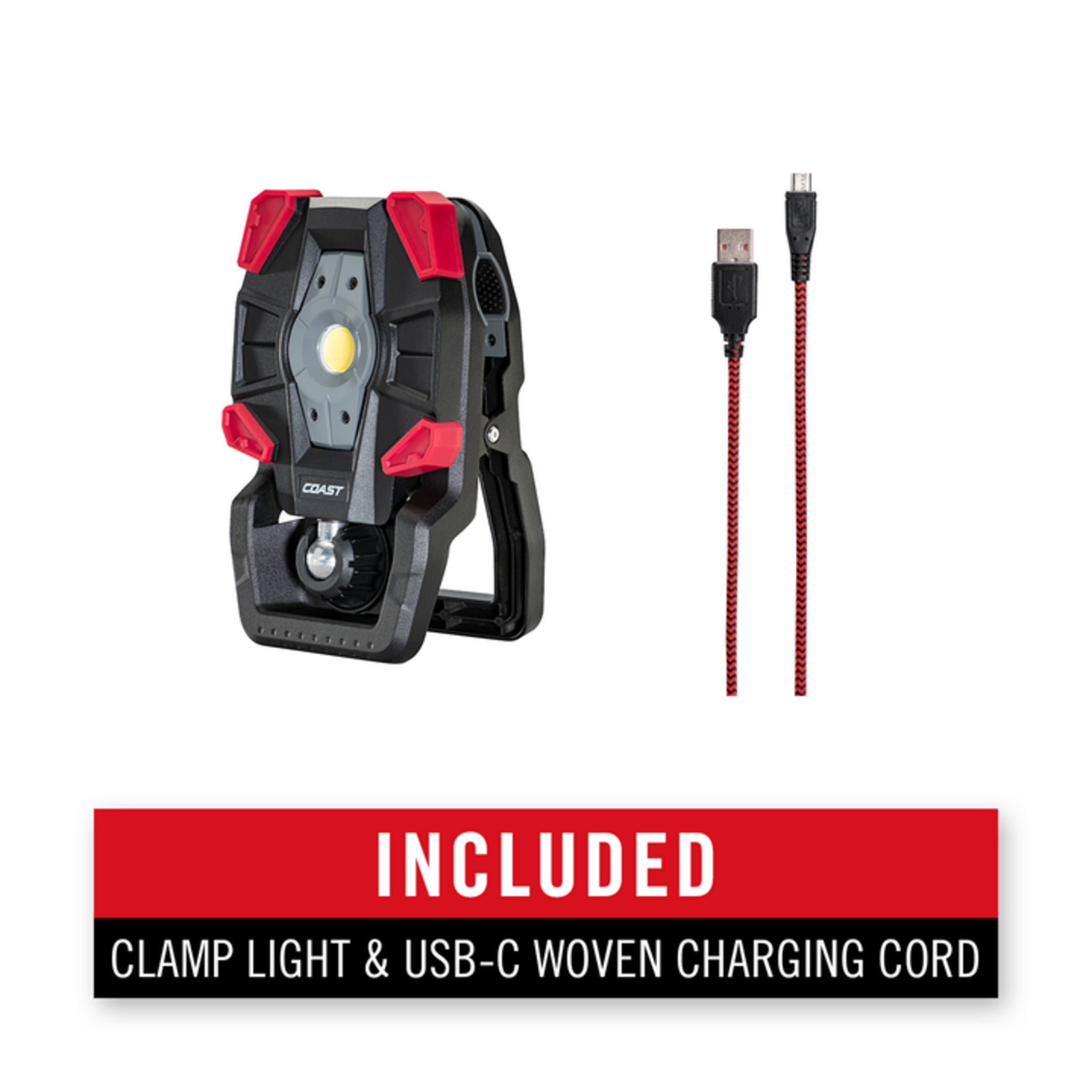 Coast® CL40R Rechargeable Clamp Work Light - 3900 Lumens, 87M Beam Distance, 360° Rotation, Dual Power, USB-C, Power Bank, IP54 Rated, Durable