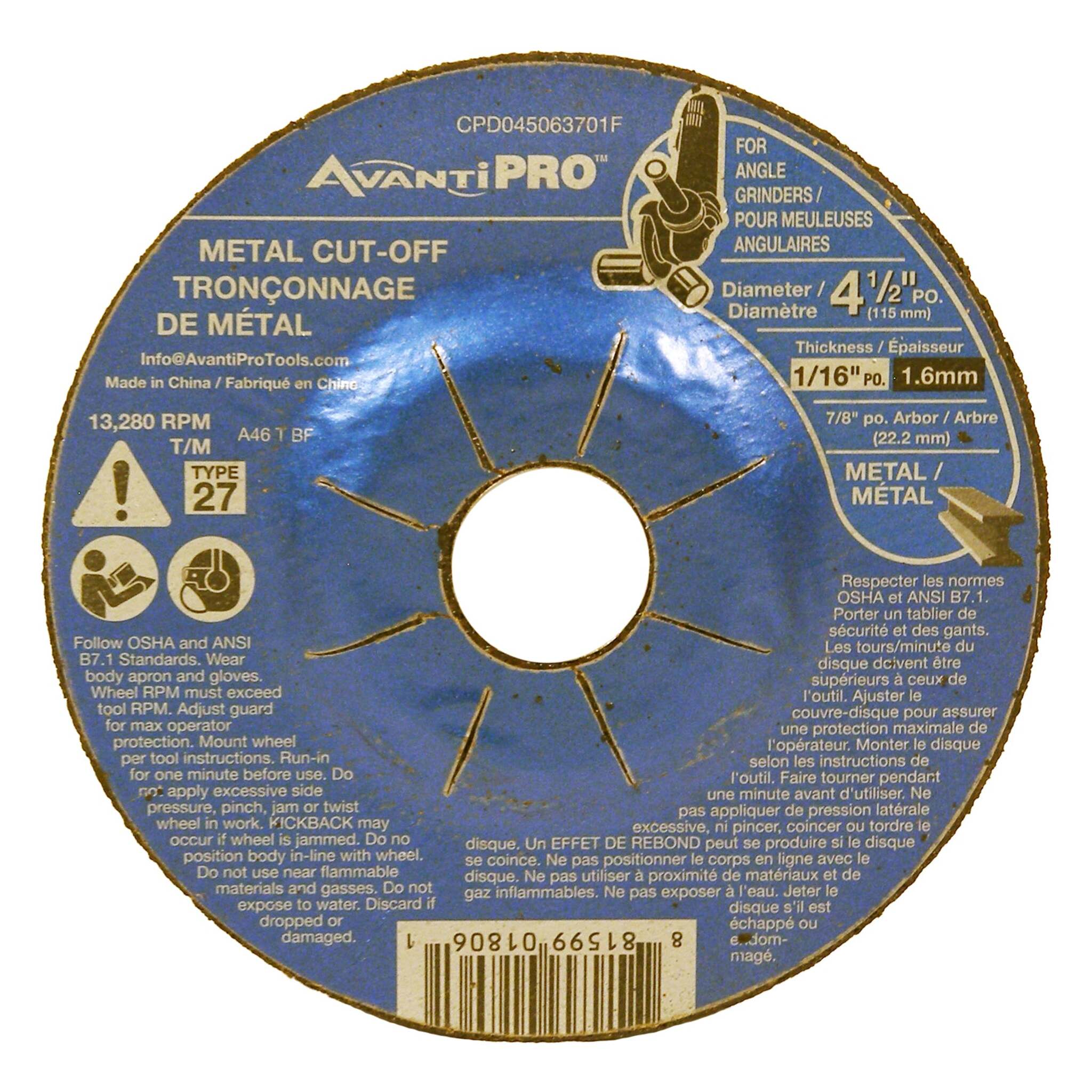 Avanti Pro 4.5" x 1/16" x 7/8" Type 27 Metal Cut Off Grinder Wheel/Disc, 25-Pack - High Performance, Precise Cutting for Various Metals