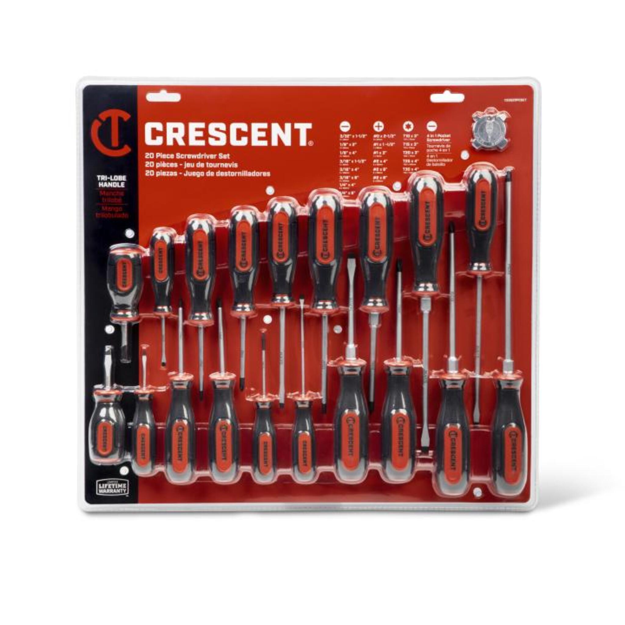 Crescent 20-Piece Dual Material Screwdriver Set: Tri-Lobe Handles, Precision Tips, Hex Bolster, Oil Resistant | Phillips, Slotted, Torx, 4-in-1 Pocket Tool