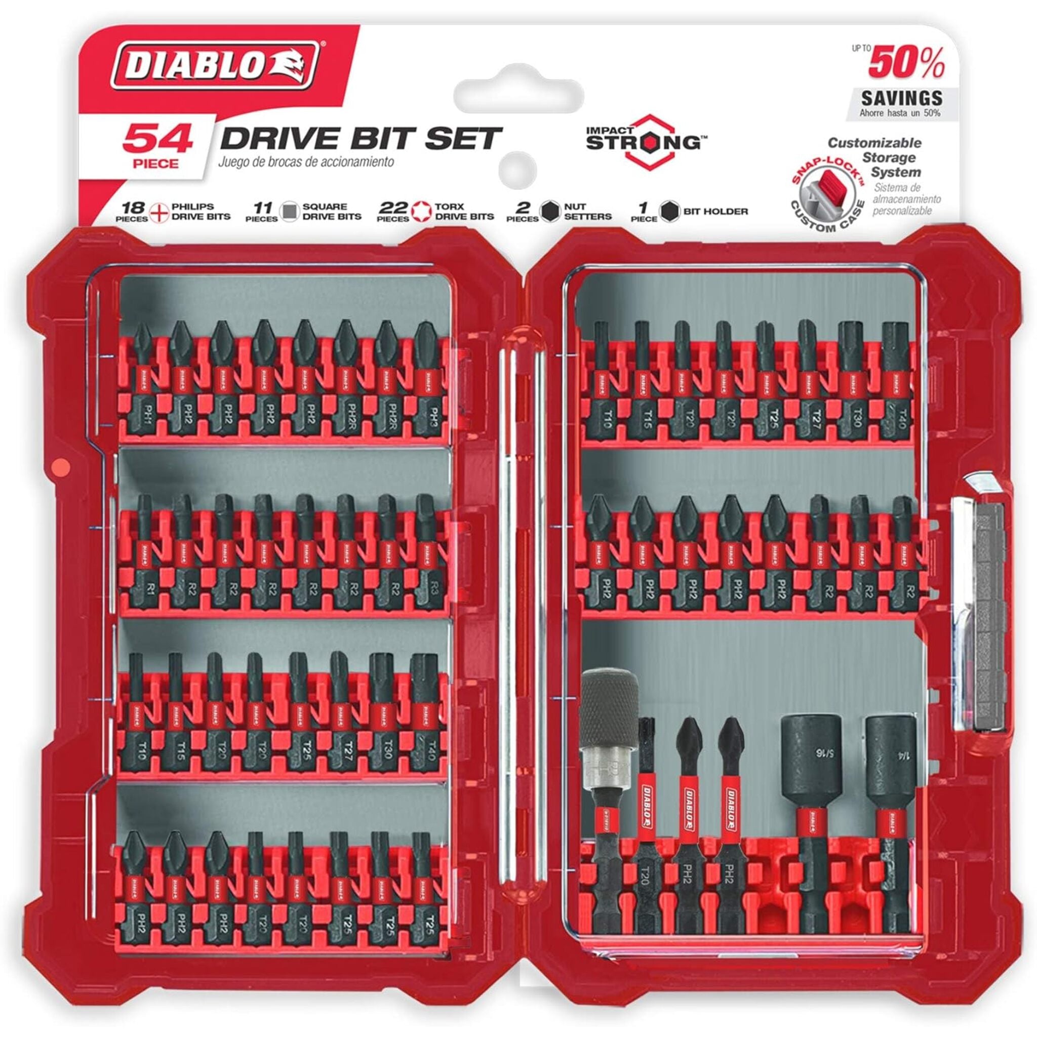 Diablo 54 Piece Screwdriving Set - Durable Impact-Strong Bits with Magnetic Nut Setters, Torque Resistant Design, and Rust Protection Coating