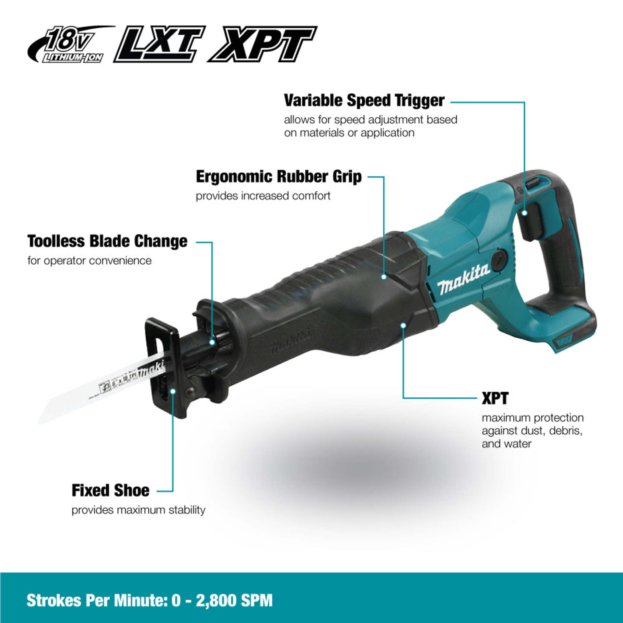 Makita DJR186Z 18V LXT Reciprocating Saw (Tool Only) - XPT Protection, Toolless Blade Change, Vertical Crank, Fixed Shoe Stability, Ergo, Heavy-Duty