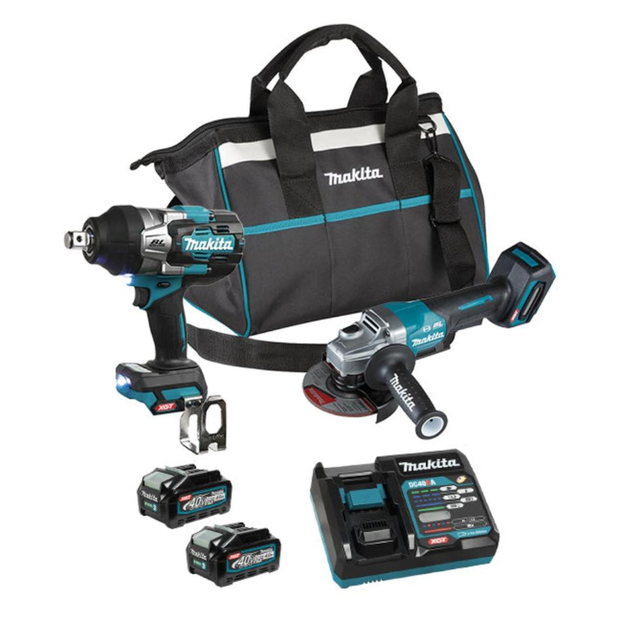 Makita DK0139G203 40Vmax XGT Brushless 2 Tool Combo Kit – 3/4” Impact Wrench, 5” Angle Grinder, 2x 4.0Ah Batteries, Rapid Charger, Durable Tool Bag