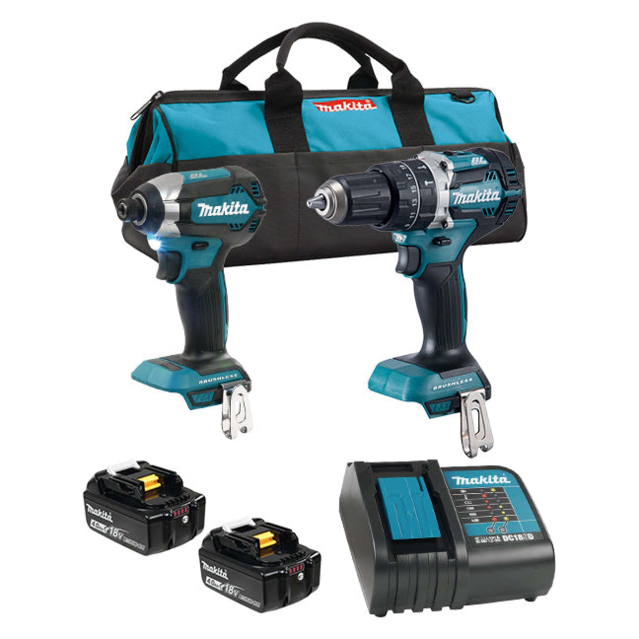 Makita DLX2180S 18V LXT Brushless 2 Tool Combo Kit – 1/2" Hammer Drill/Driver & 1/4" Impact Driver, 2x 3.0Ah Batteries, Standard Charger, 21" Tool Bag