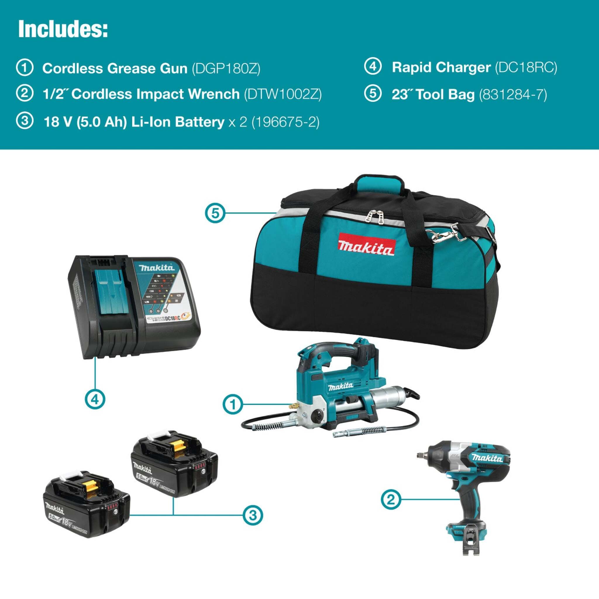 Makita DLX2465TX1 18V LXT 2 Tool Combo Kit – Cordless Grease Gun & 1/2" Impact Wrench with Brushless Motor, 2x 5.0Ah Batteries, Rapid Charger, Tool Bag