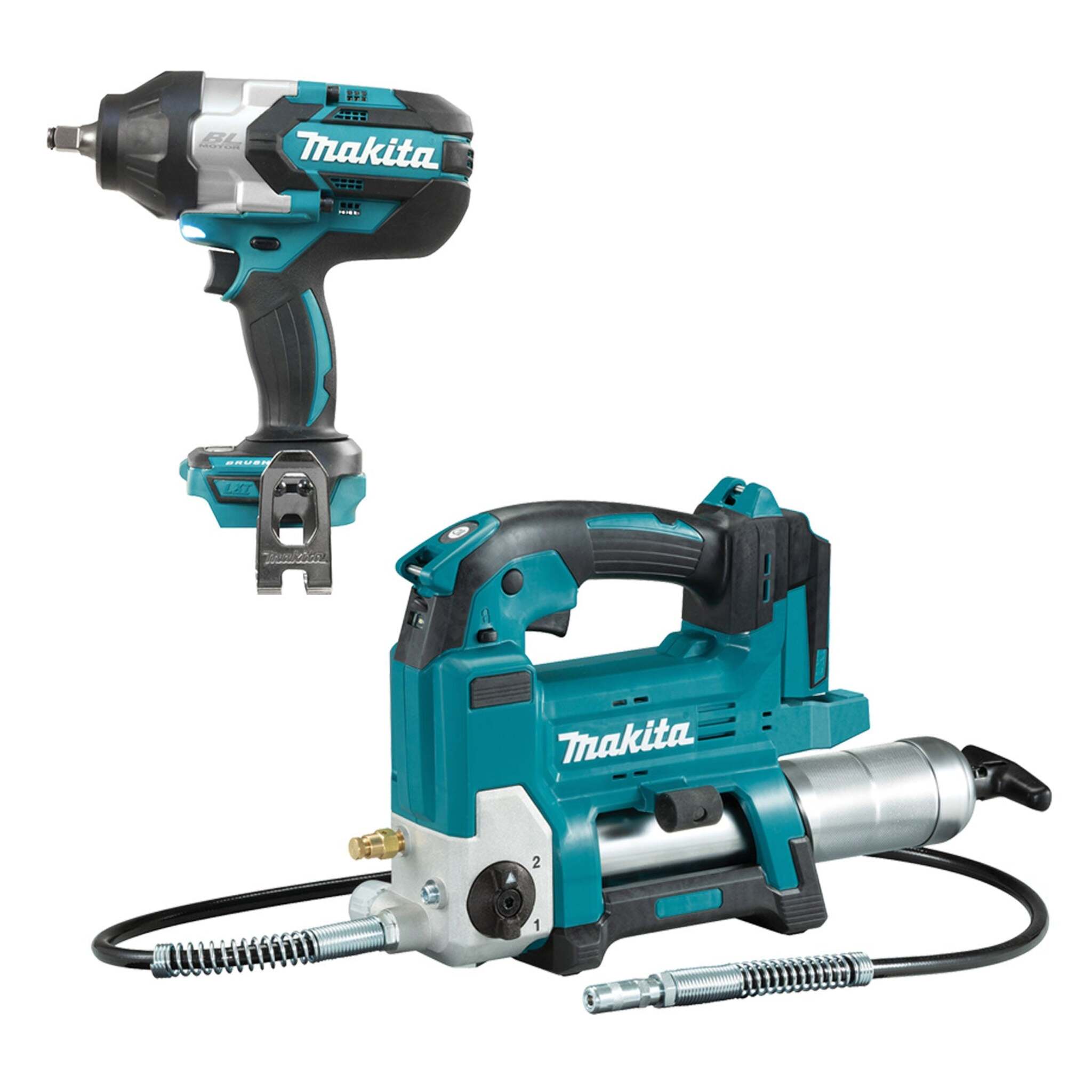 Makita DLX2465TX1 18V LXT 2 Tool Combo Kit – Cordless Grease Gun & 1/2" Impact Wrench with Brushless Motor, 2x 5.0Ah Batteries, Rapid Charger, Tool Bag