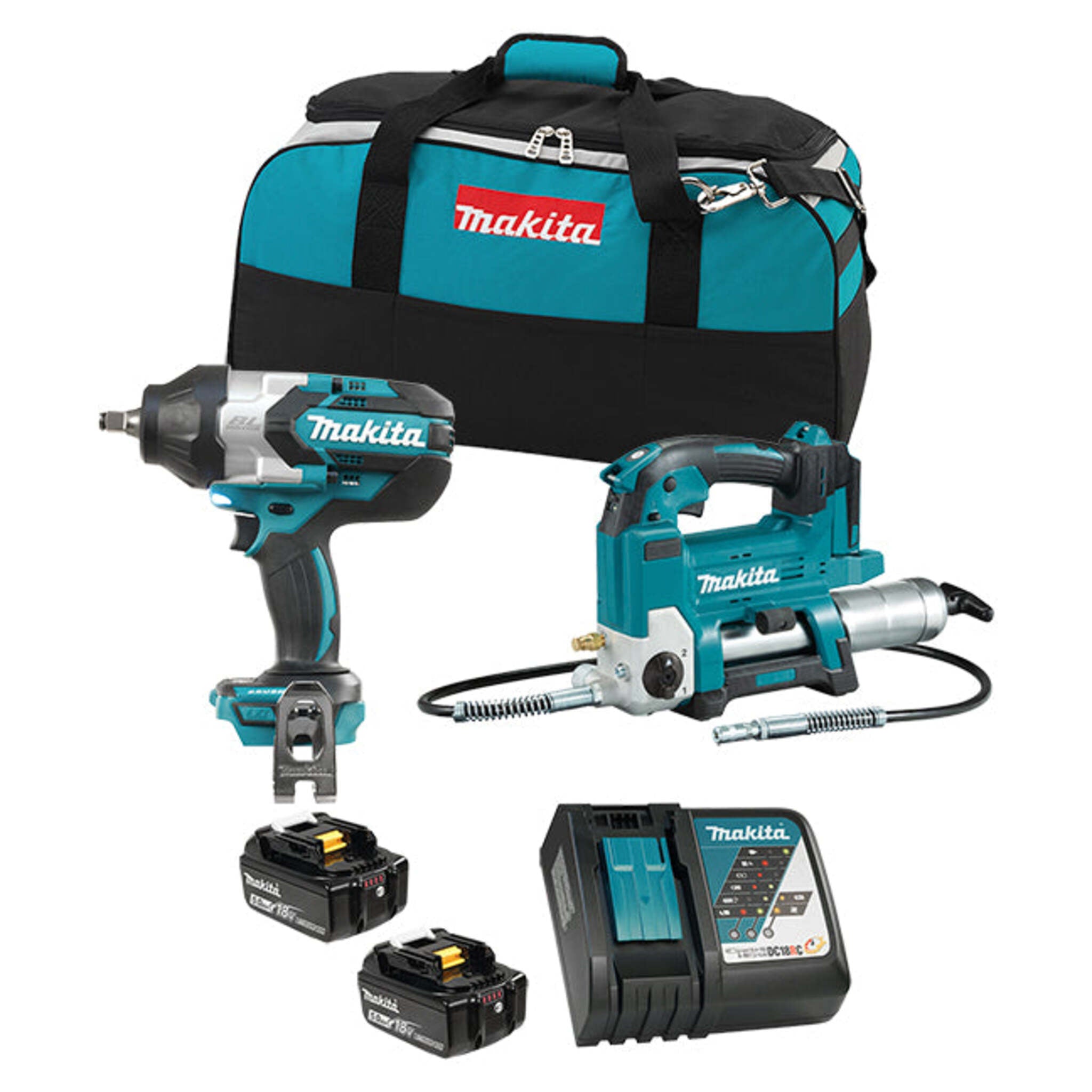 Makita DLX2465TX1 18V LXT 2 Tool Combo Kit – Cordless Grease Gun & 1/2" Impact Wrench with Brushless Motor, 2x 5.0Ah Batteries, Rapid Charger, Tool Bag