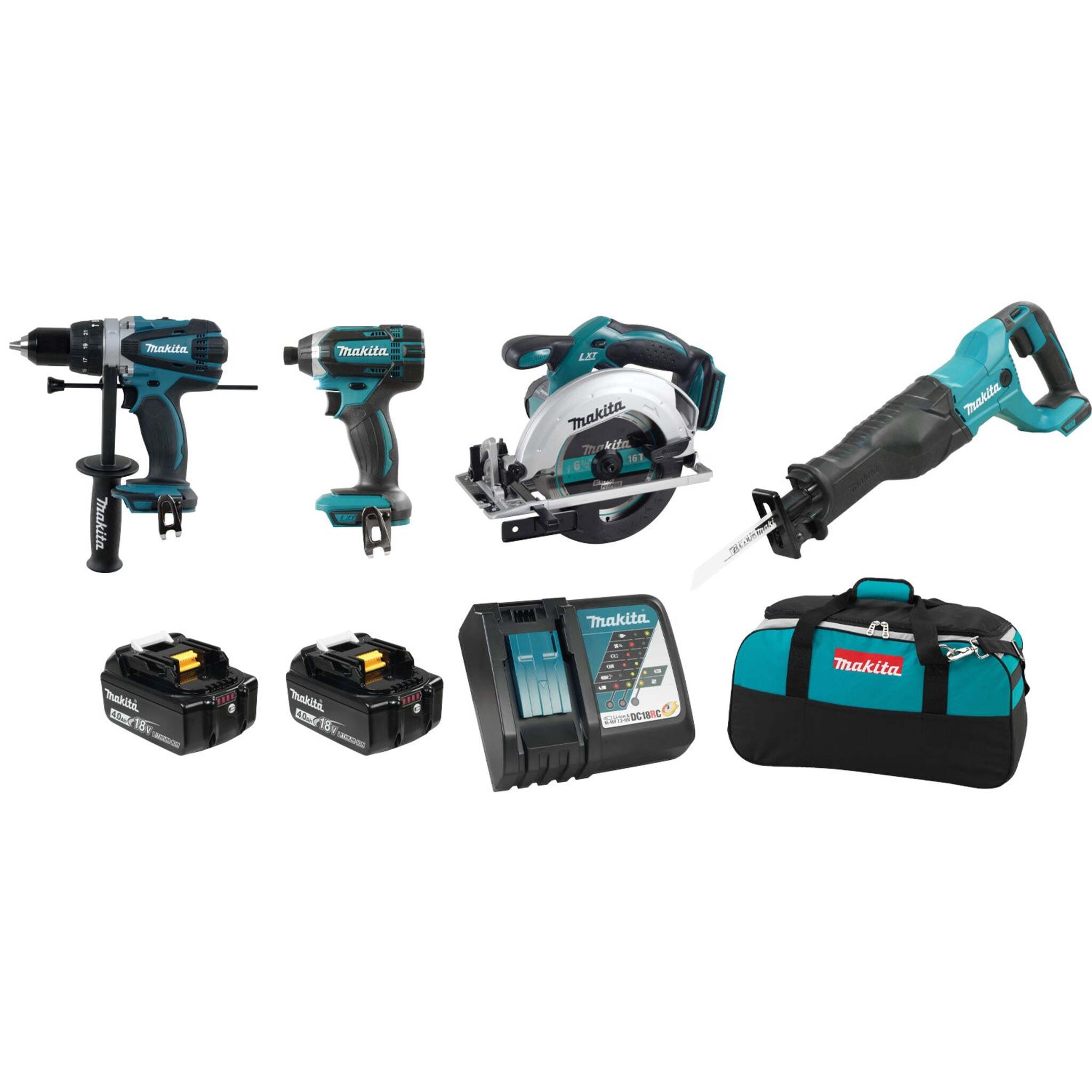 Makita DLX4058M 18V LXT 4 Tool Kit – Hammer Drill/Driver, Impact Driver, Circular Saw, Reciprocating Saw, 2x 4.0Ah Batteries, Rapid Charger, Tool Bag