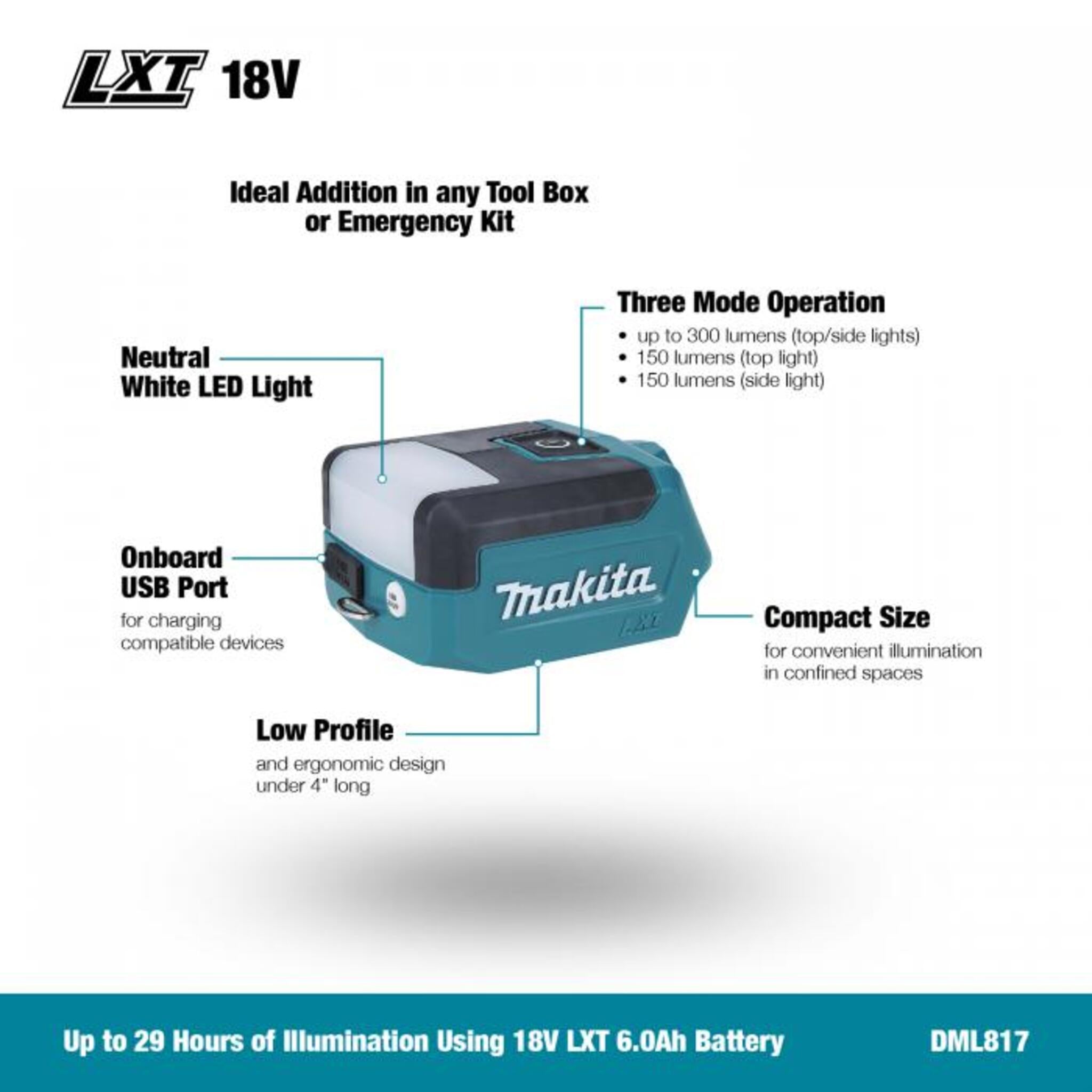 Makita 18V LXT Compact LED Worklight - USB Charging Port, 300 Lumens, 3 Light Modes, Lightweight & Portable, Ideal for Confined Spaces, Tool Only