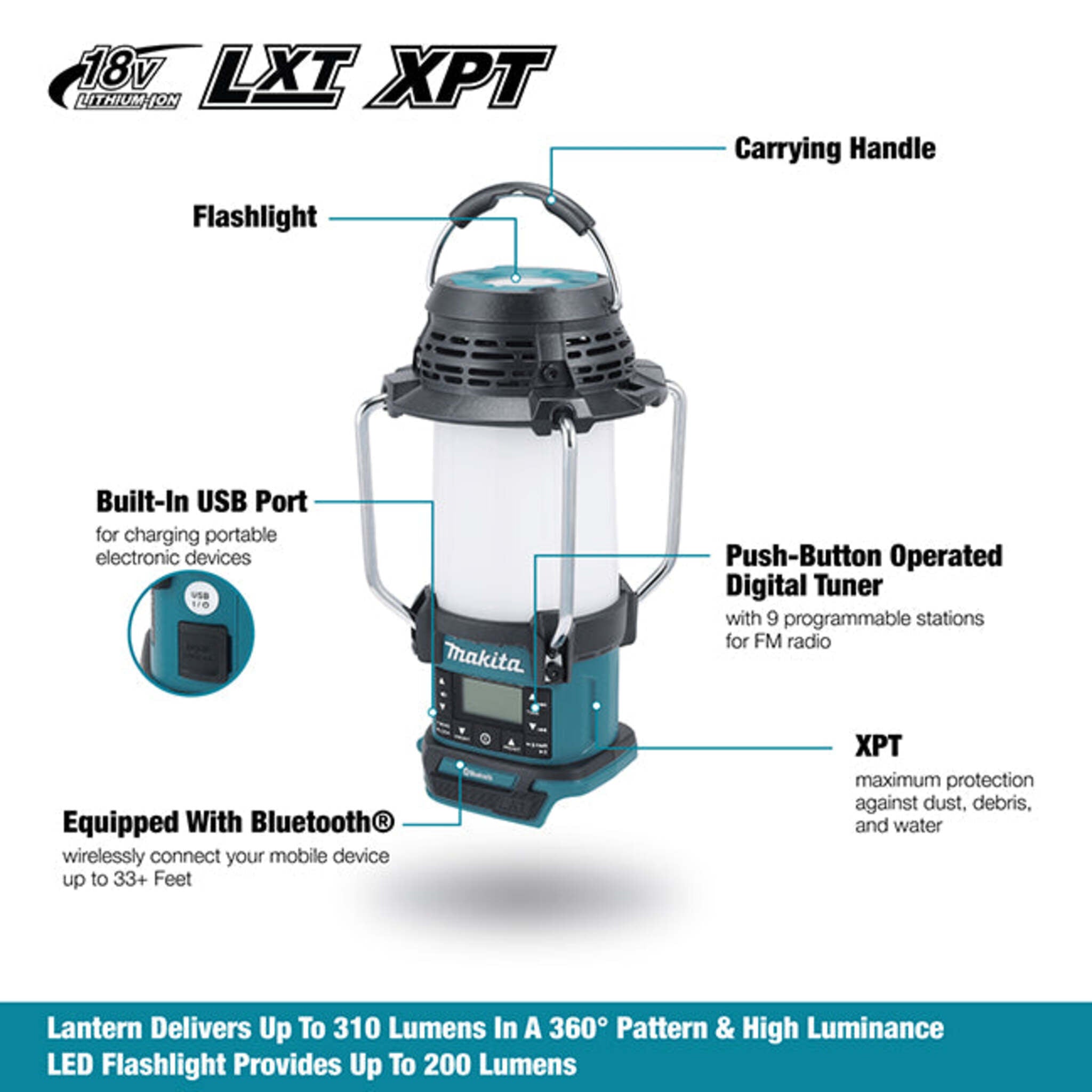 Makita 18V LXT Cordless Lantern Radio - Bluetooth, XPT, 360° LED Flashlight, 310 Lumens, USB Port, Long Runtime, Battery Sold Separate | Tool Only