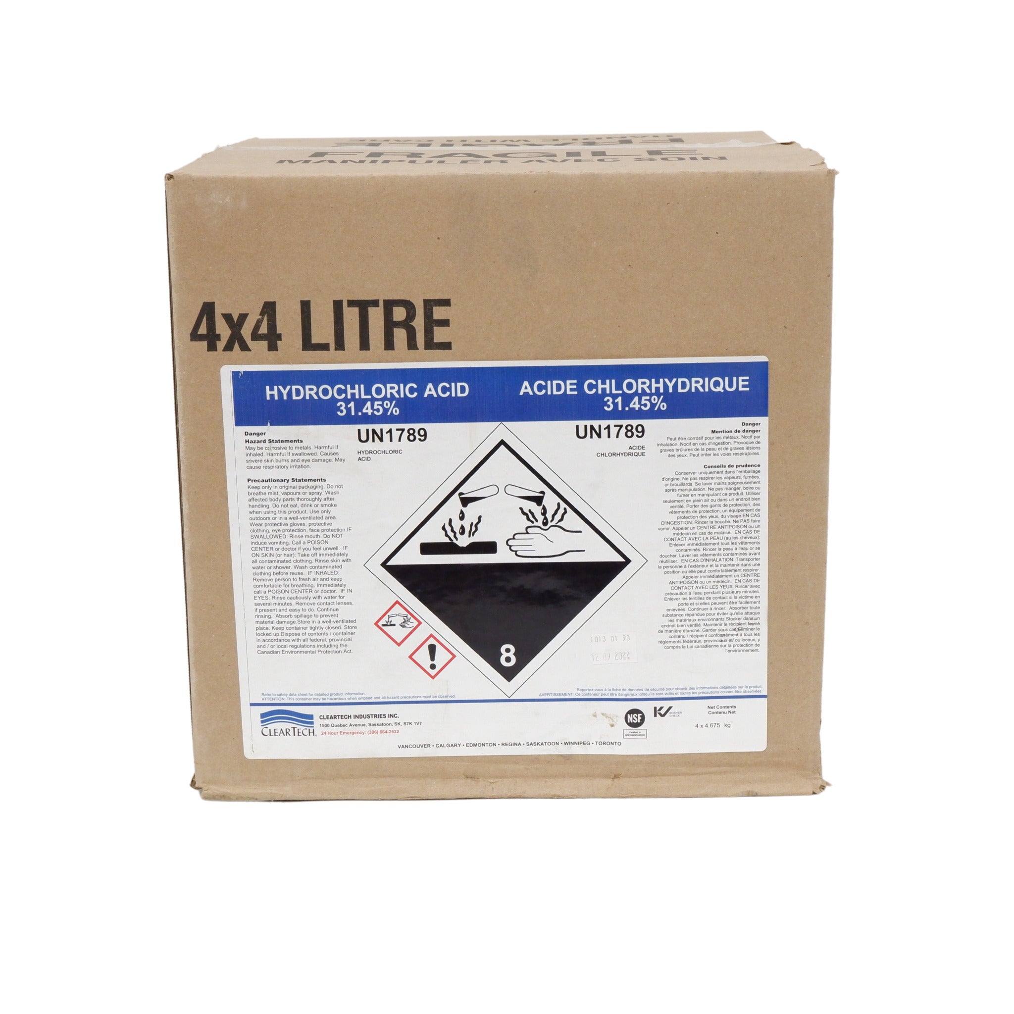 Hydrochloric Acid (Muriatic Acid) - 31.45% - NSF Certified - Case of 4X4L Jugs