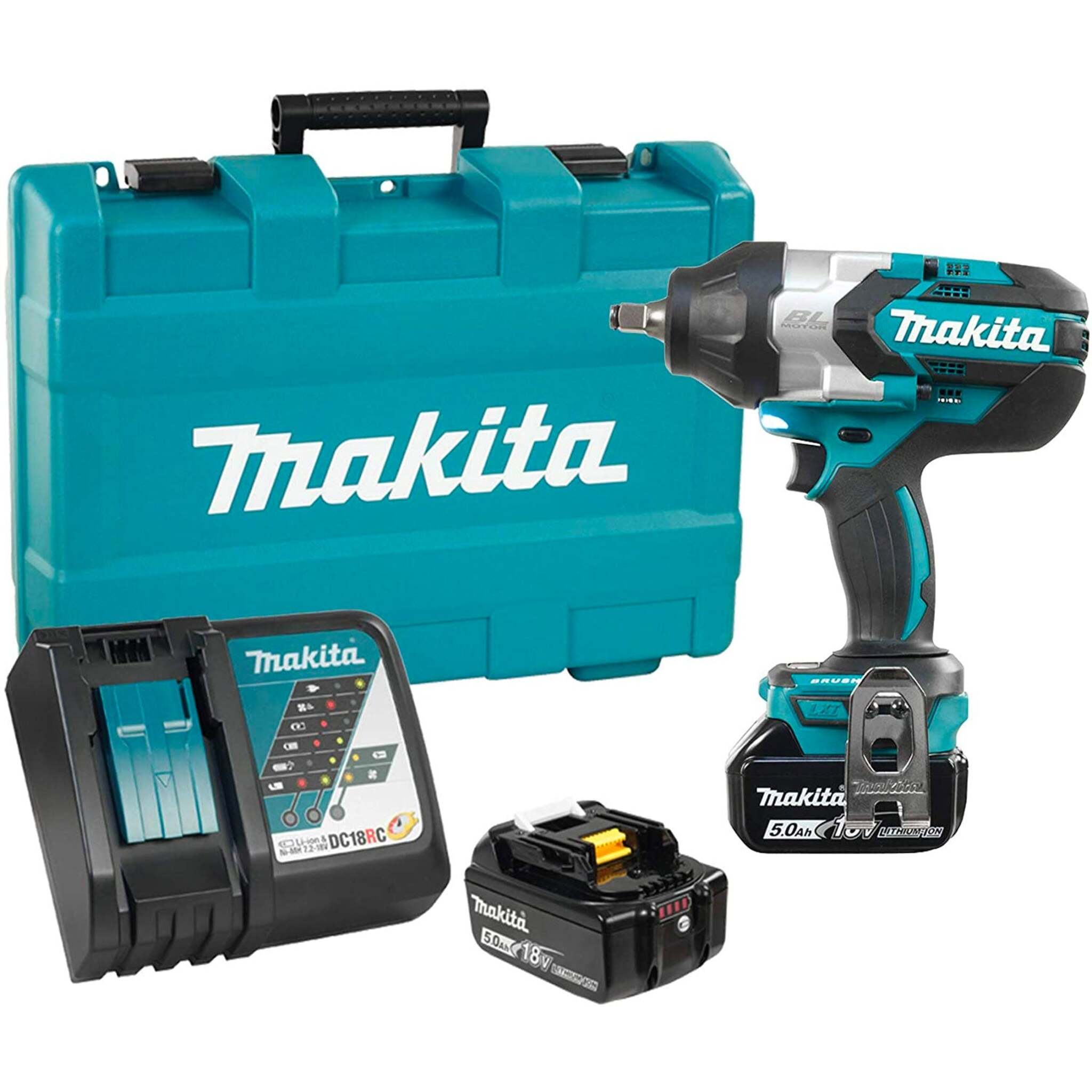 Makita 18V LXT Brushless 1/2" High Torque Impact Wrench Kit DTW1002RTE - 740 ft. lbs. Torque, 2 Batteries, Rapid Charger, 3-Stage Power, LED Lights