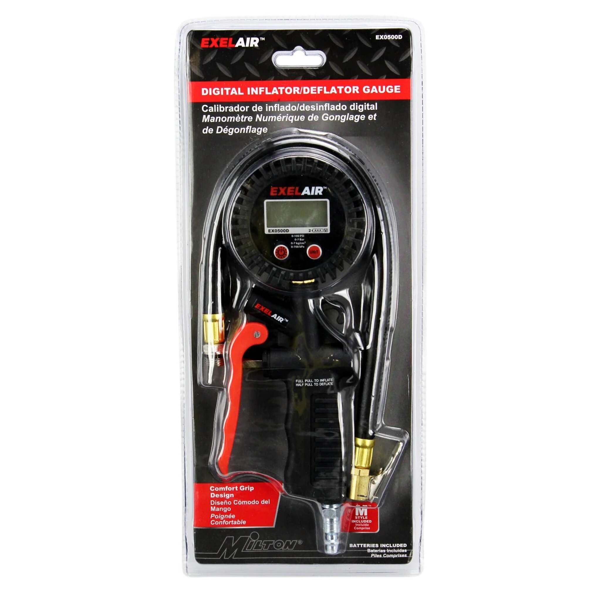 Milton EXELAIR® Digital Pistol Grip Tire Inflator/Deflator Gauge w/ 16" Air Hose - Easy-Clip Chuck, Accurate Readings, ANSI/ASME B40.1 Certified LCD