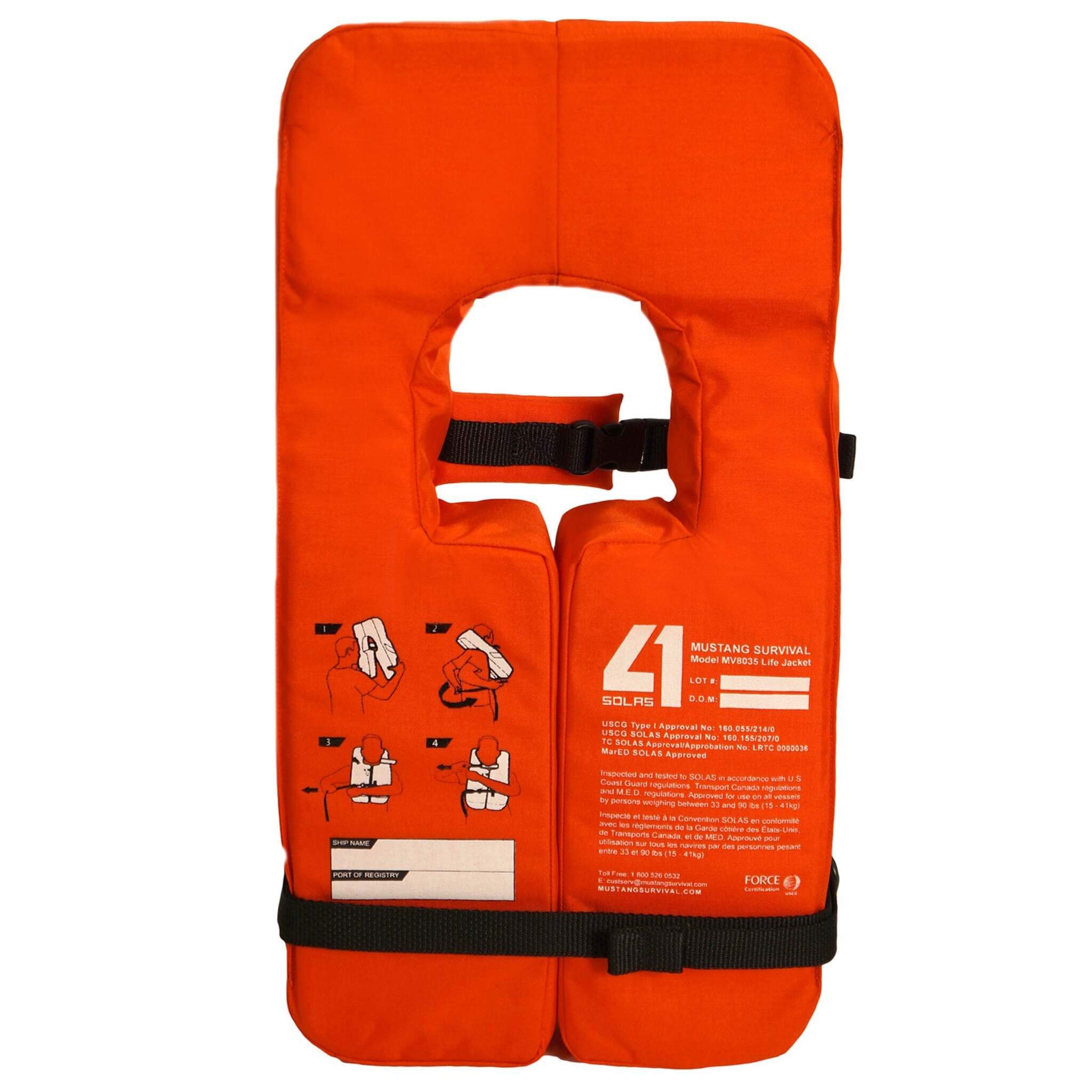 Mustang Survival SOLAS Type 1 Adult Life Jacket - Multi-Standard Approval, Reflective Tape, Whistle, Lifting Loop, High Visibility | Universal Fit