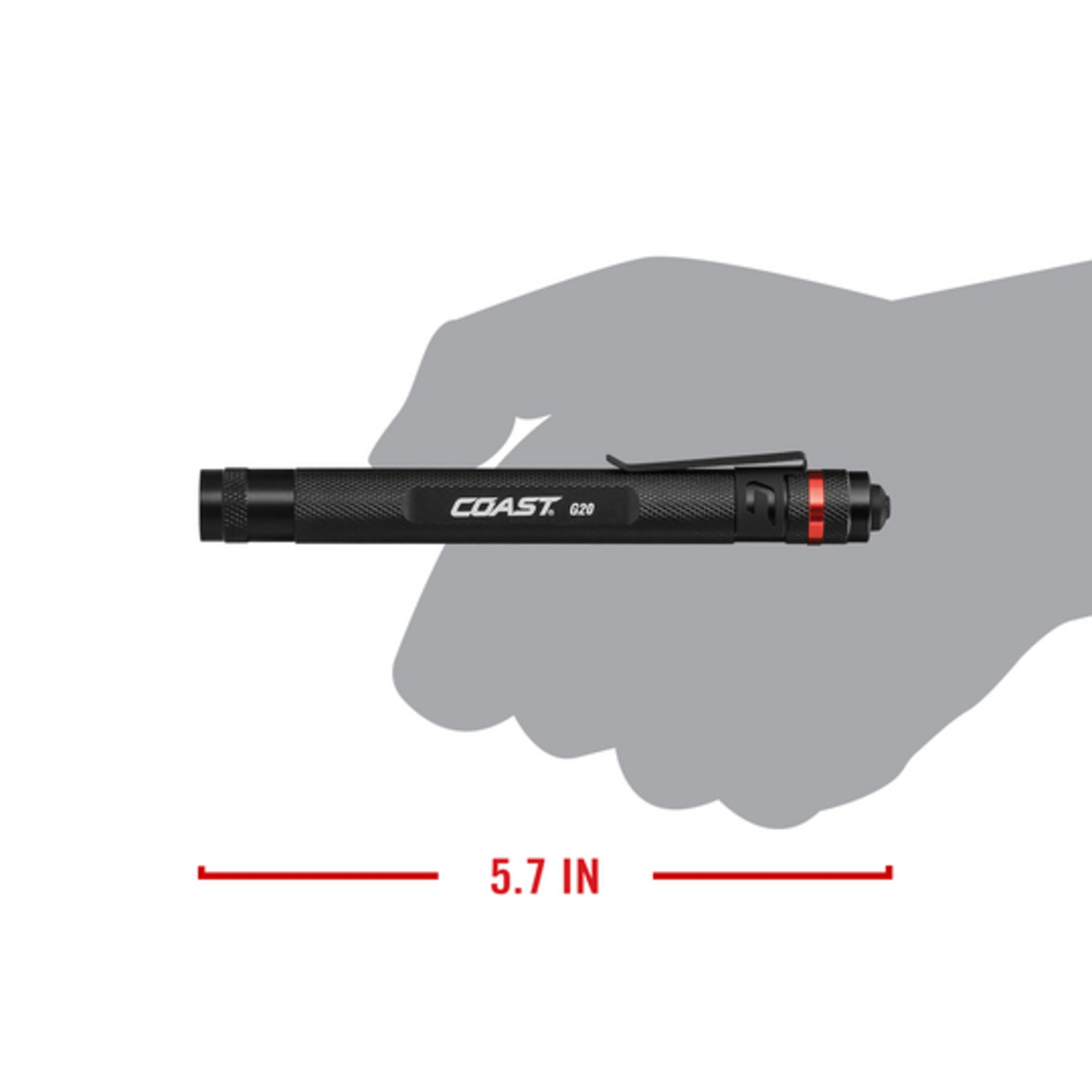 Coast® G20 Inspection Beam Penlight - 21M Beam, 11-Hour Runtime, IP54 Weatherproof, Dual Power, Durable Aluminum, Steel Pocket Clip, Lightweight