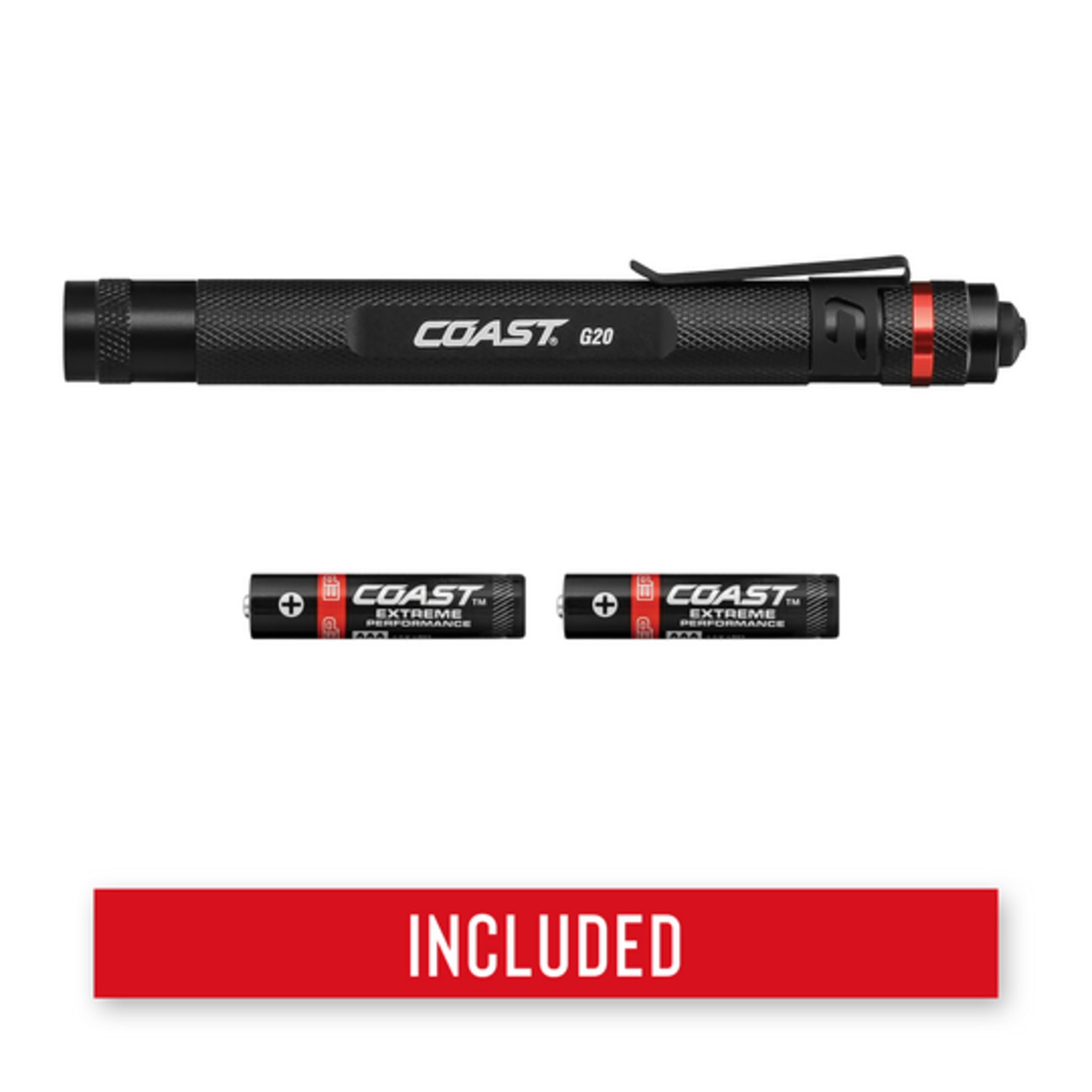 Coast® G20 Inspection Beam Penlight - 21M Beam, 11-Hour Runtime, IP54 Weatherproof, Dual Power, Durable Aluminum, Steel Pocket Clip, Lightweight