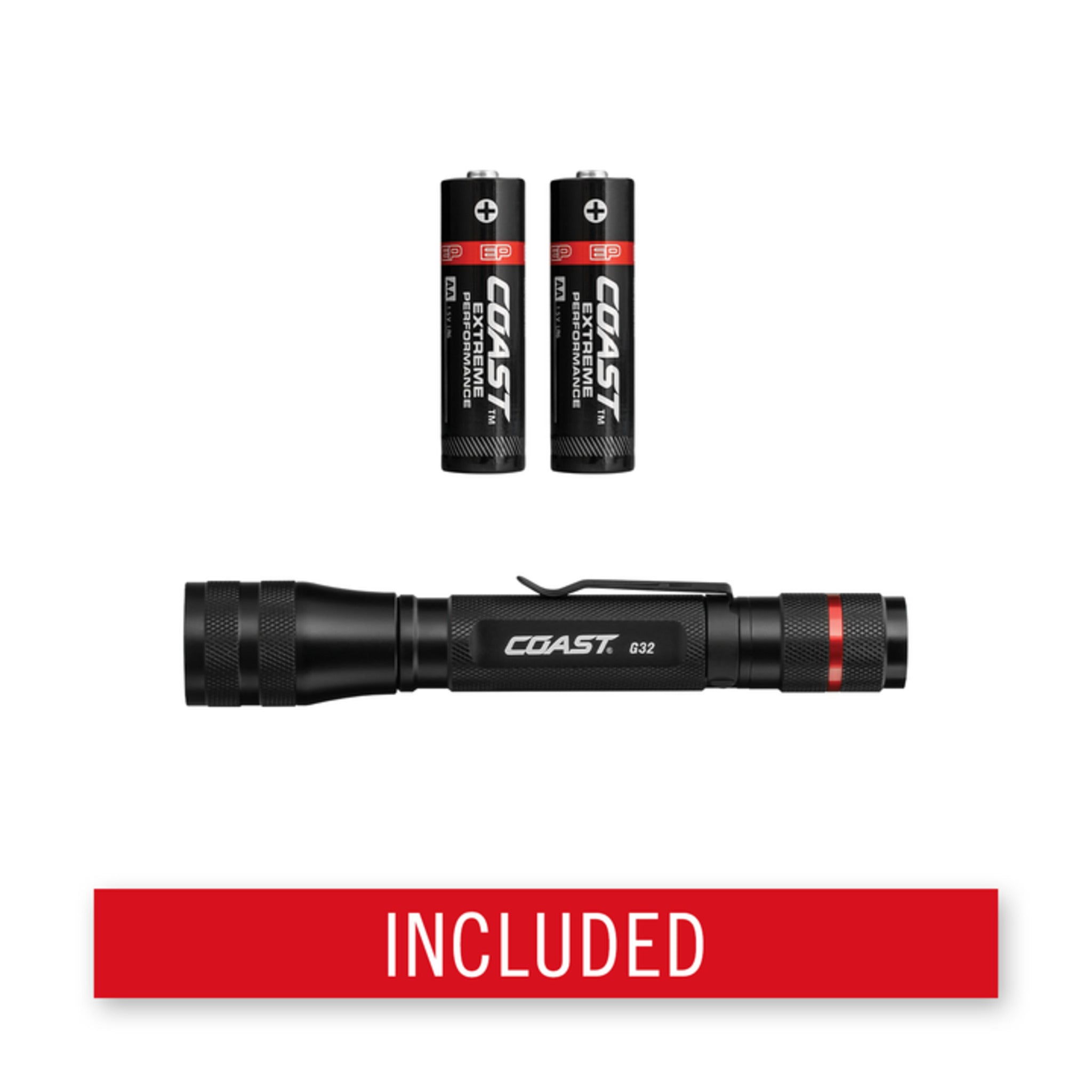 Coast® G32 Pure Beam Focusing Flashlight - 355 Lumens, 132M Beam, IP54 Weatherproof, Twist Focus, 19-Hour Runtime, Durable Aluminum Body