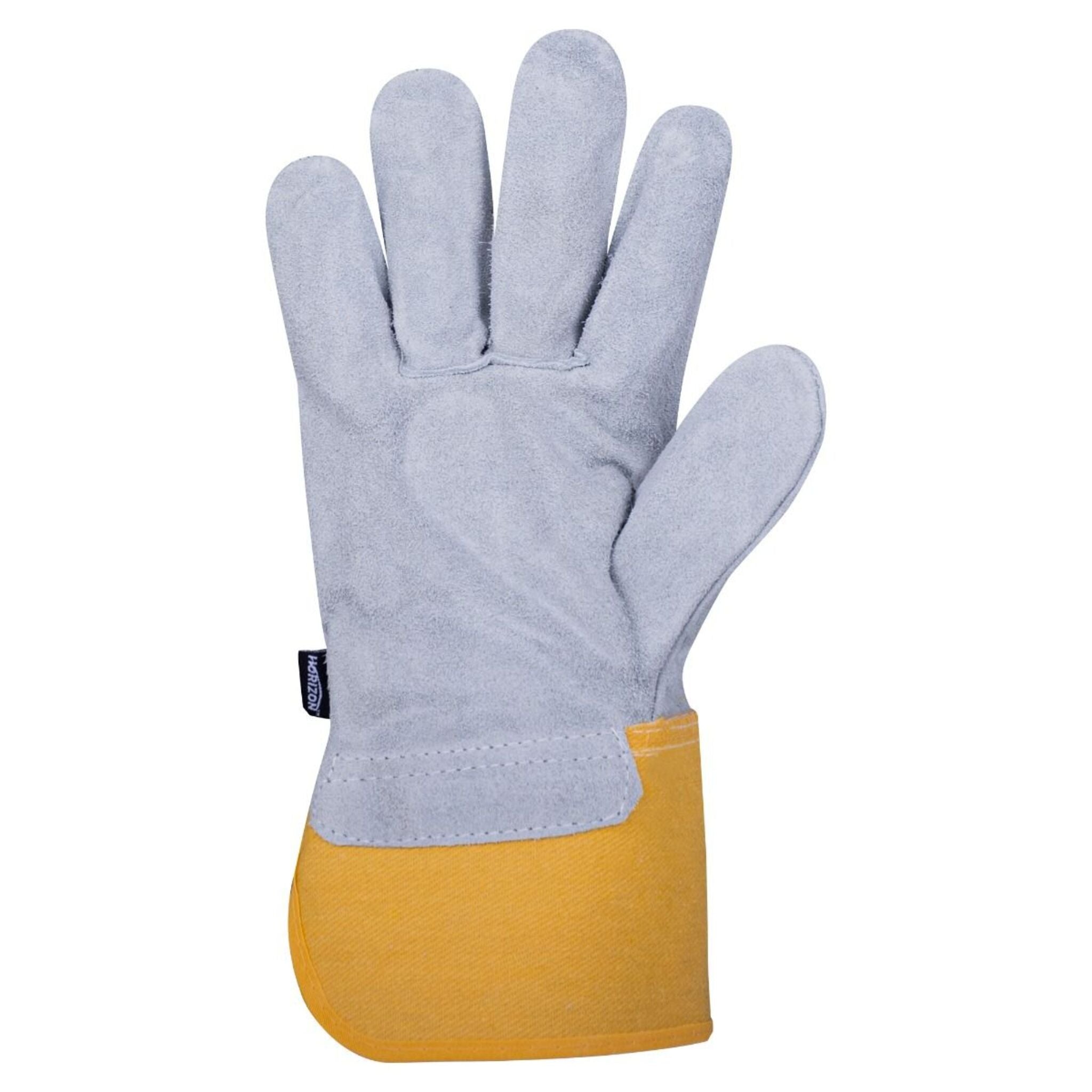 Horizon Canvas Back Cowsplit Palm Work Gloves - Rubber Cuff, Durable Leather, Abrasion Resistant, Lined Palm, Elastic, Ideal for Construction+Outdoors