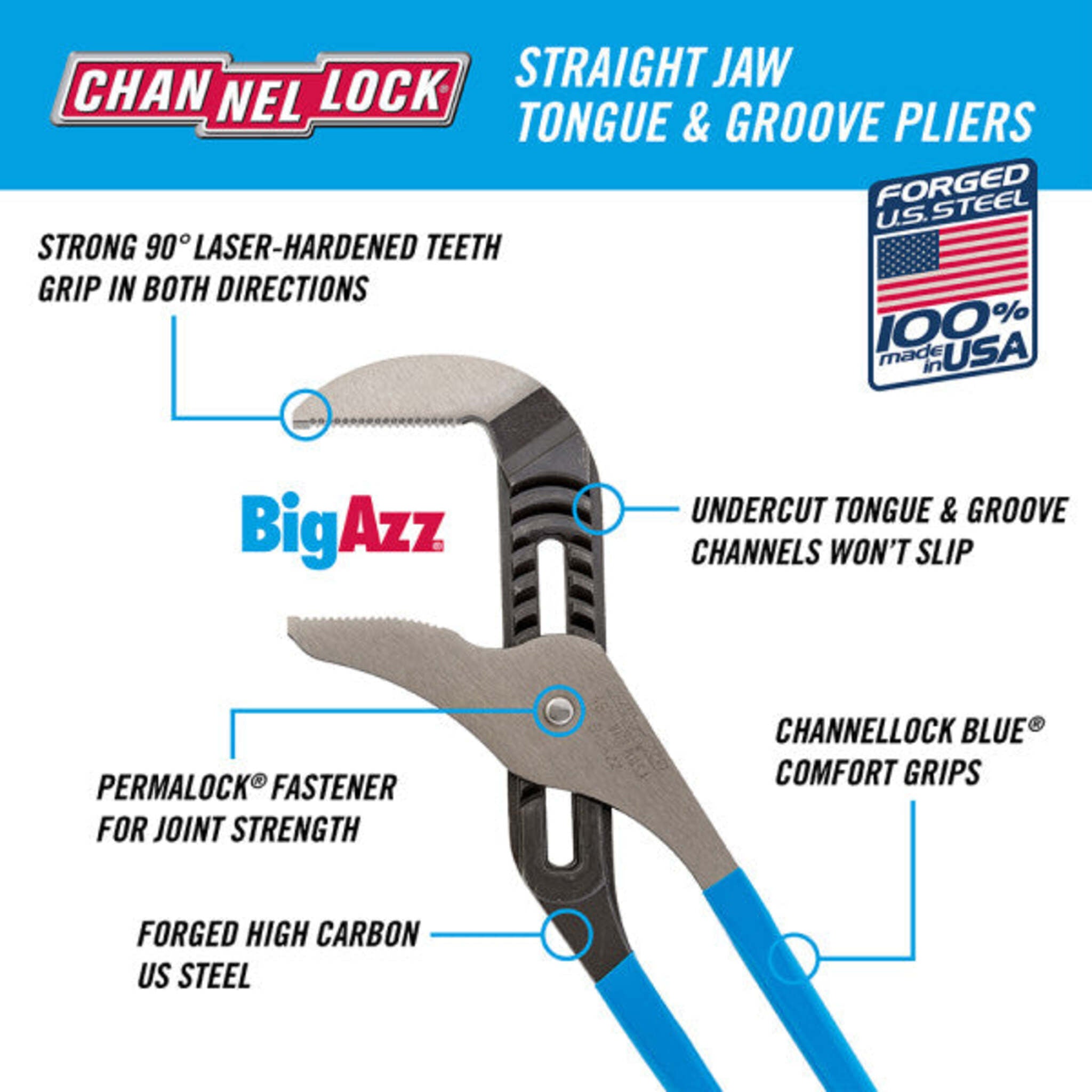 CHANNELLOCK BIGAZZ® Straight Jaw Tongue & Groove Pliers - 20.25", High Carbon Steel, Laser-Hardened Teeth, PERMALOCK Fastener, Non-Slip Grip