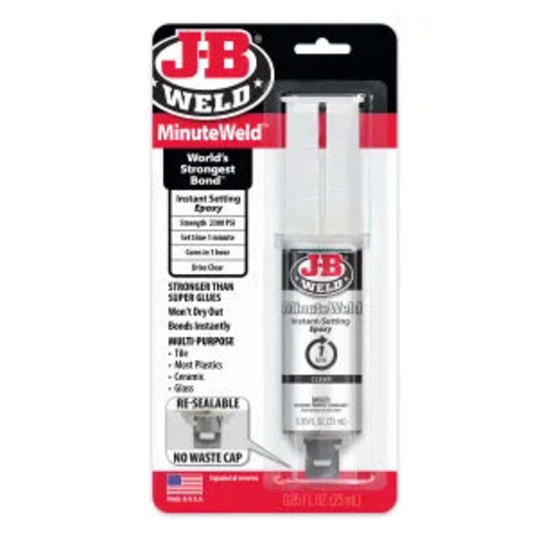 JB Weld MinuteWeld Syringe - 25 ml: Instant Setting High-Strength Epoxy, 2300 PSI, Clear, Versatile for Ceramic, Glass, Plastic, Wood, Metal Repair