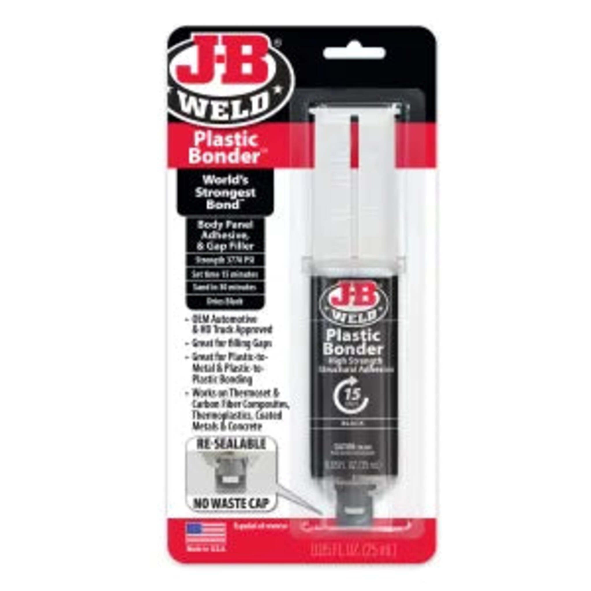 JB Weld Plastic Bonder - Black: Quick-Setting, High-Strength Adhesive, 3770 PSI, 15 Min Set, Bonds Plastic, Composites, Metal, Concrete, Thermoplastic