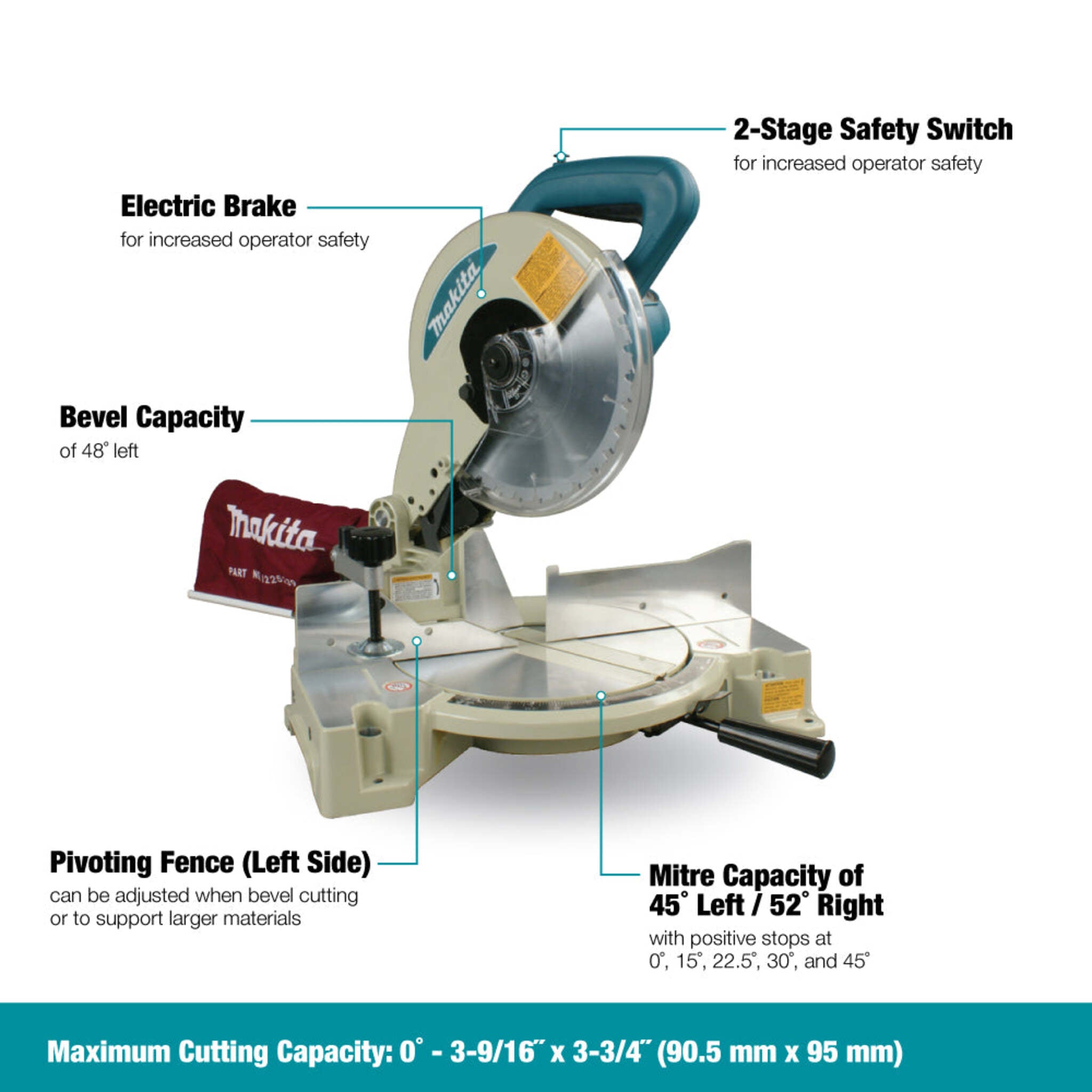 Makita 10" Compound Mitre Saw, Electric Brake, 45° Bevel, 2-Stage Safety Switch, Precision Cutting, Versatile & Reliable for Professional & DIY Use