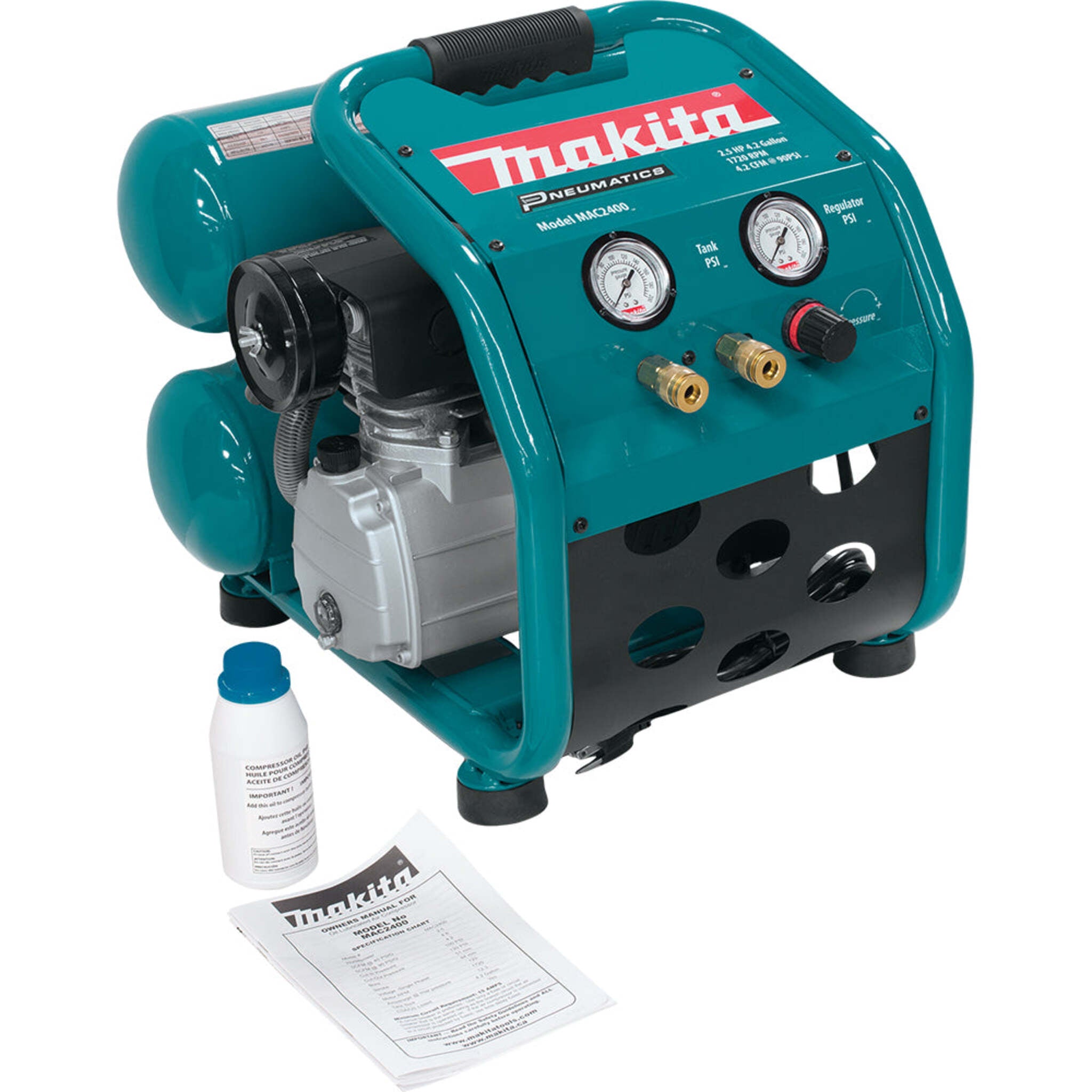 Makita MAC2400 2.5 HP Air Compressor with Big Bore™ Technology – Quiet, Durable Cast Iron Pump – Oil-Lubricated, Low Amperage Draw, Dual Quick Connect