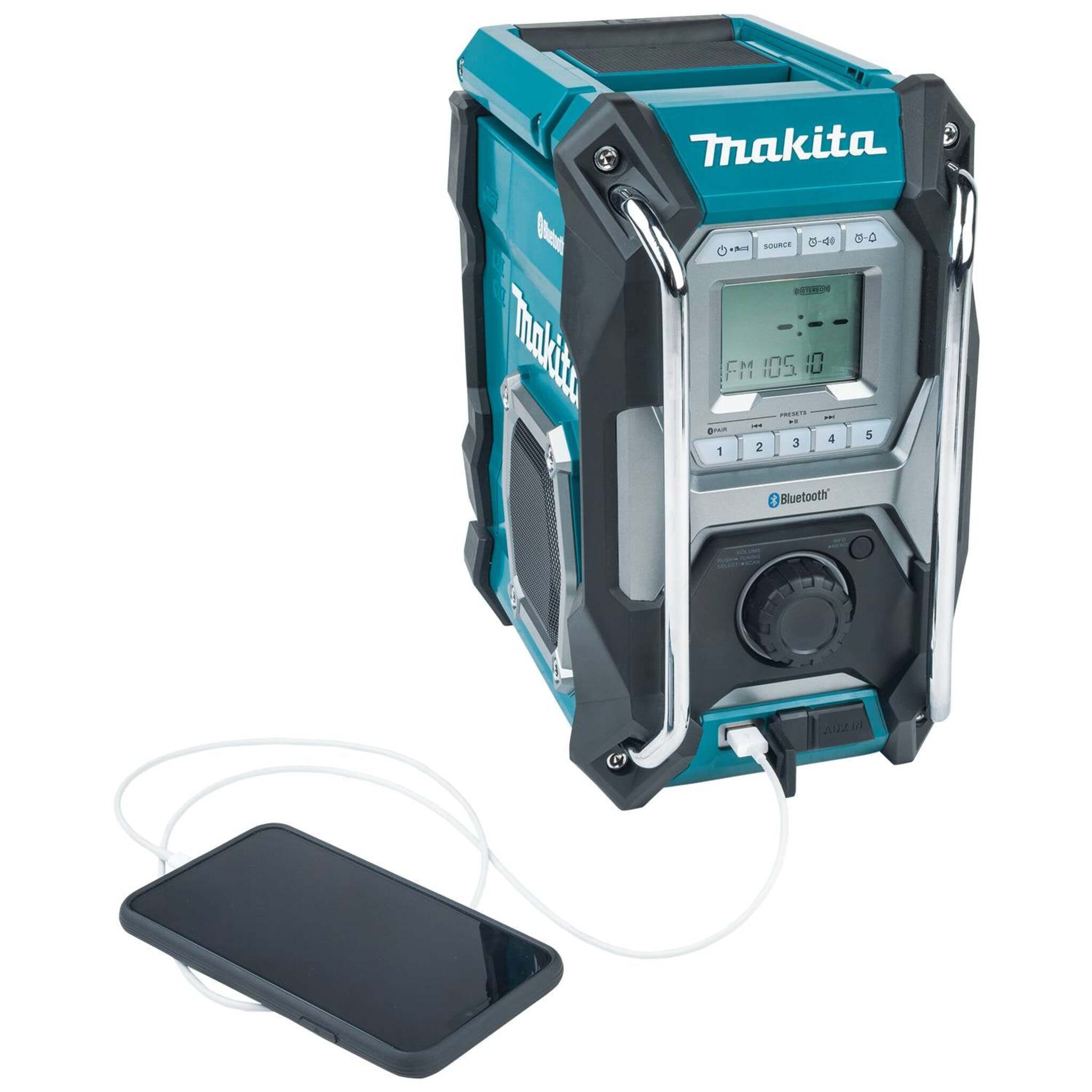 Makita Jobsite Stereo w/ Bluetooth MR002G - IP65 Rated, 27.5-Hour Runtime, Dual Speakers, USB Port, AM/FM Tuner, Multi-Battery Compatible, Durable