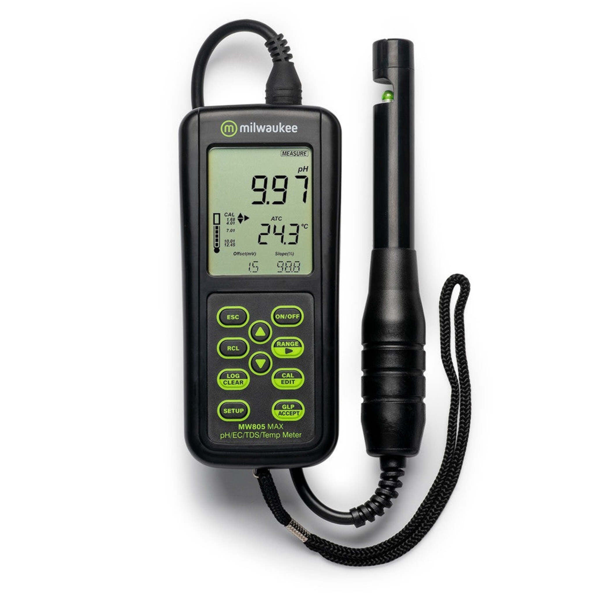 Milwaukee MW805 MAX 4-in-1 pH/EC/TDS/Temp Combo Meter with ATC - High Accuracy, Easy Calibration, Replaceable Probe, IP67 Rated, Long Battery Life