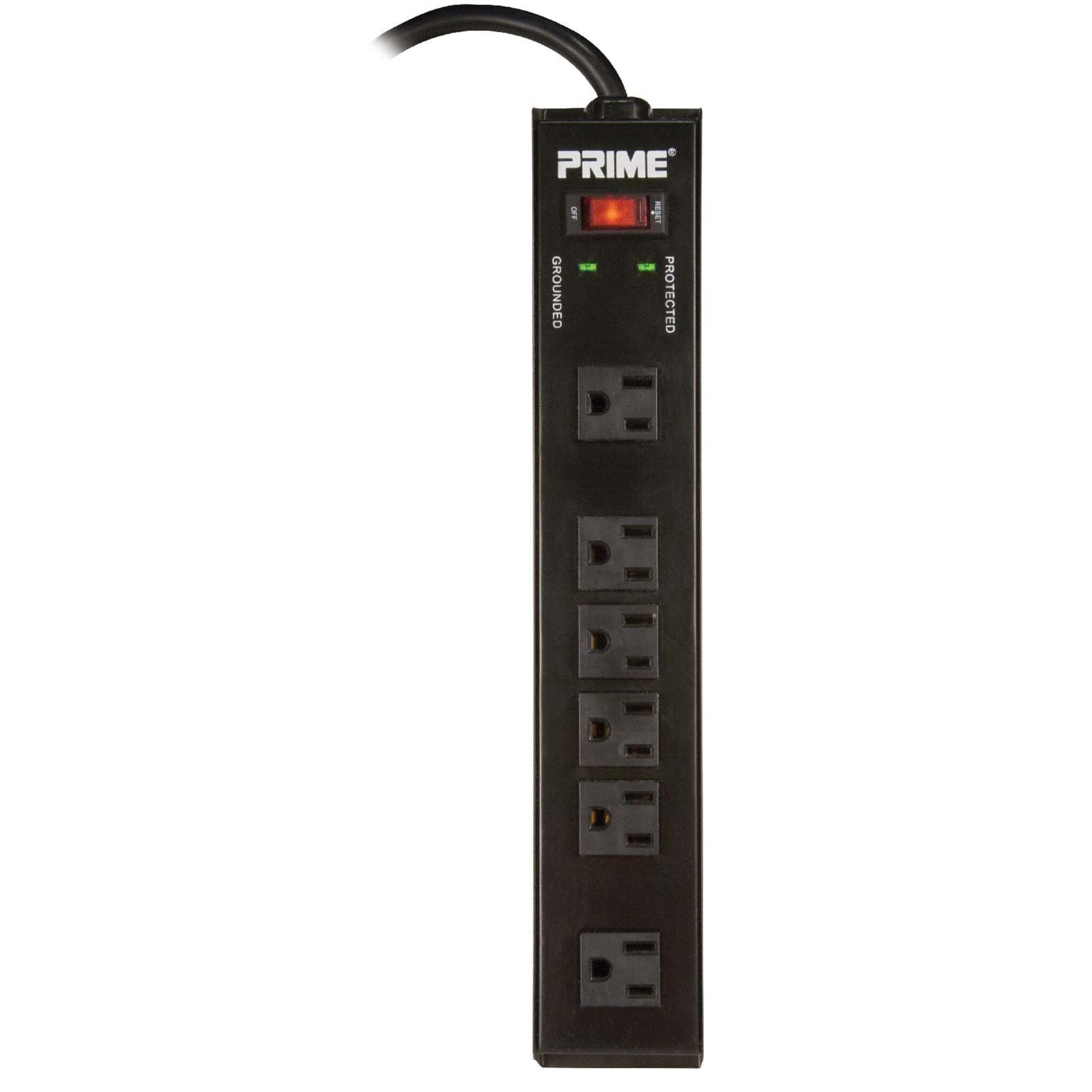 Prime 6-Outlet 1150 Joule Metal Power Bar Surge Protector w/15ft Cord