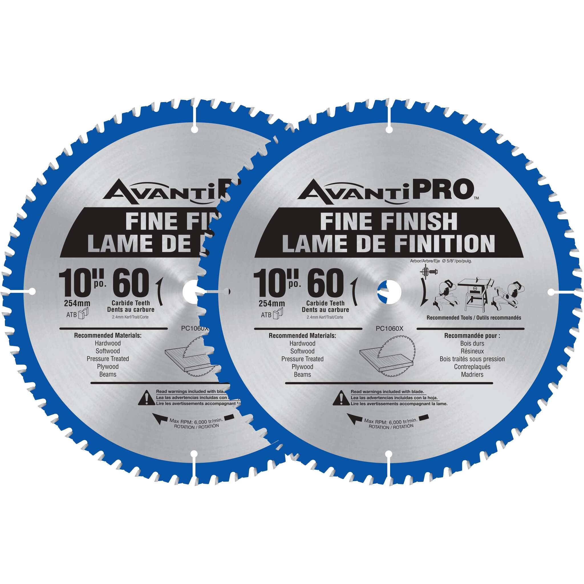 Avanti Pro 10-Inch 60-Tooth Carbide-Tipped Fine Finish Saw Blades for Mitre/Table Saw, 5/8" Arbor - Smooth Wood Cutting, Pack of 2